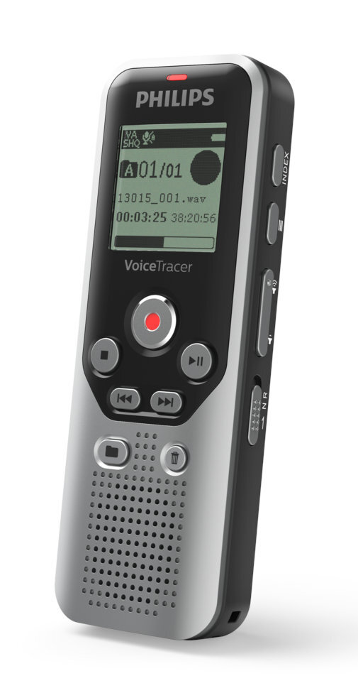 Srebrno-czarny rejestrator głosu Philips VoiceTracer z wyświetlaczem i przyciskami, widok z boku.