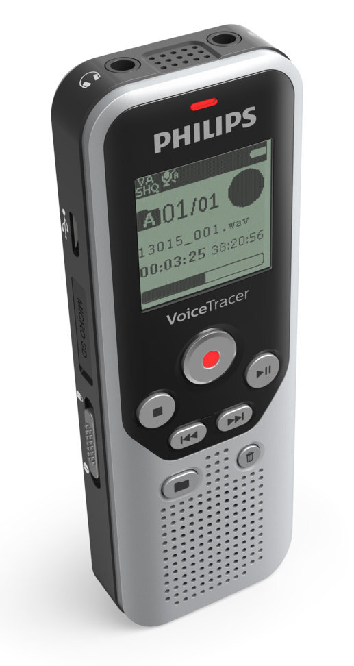 Cyfrowy dyktafon Philips VoiceTracer z wyświetlaczem i przyciskami.