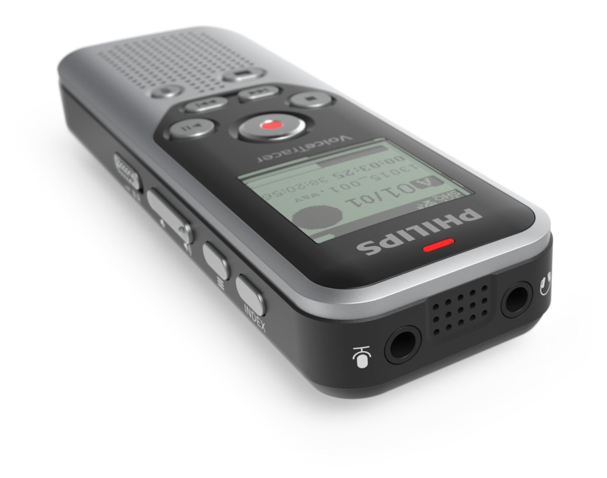 Czarny Philips Voice Tracer. Posiada ekran i przyciski. Tło jest białe.