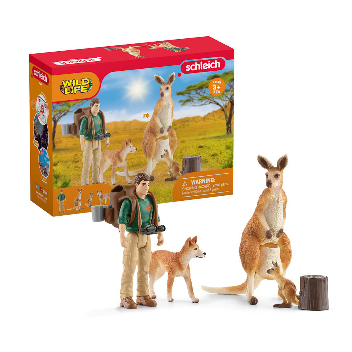 Spielzeugset mit Kängurus, einem Mann mit Rucksack und einer Box mit Illustrationen. Die Farben sind lebendig.