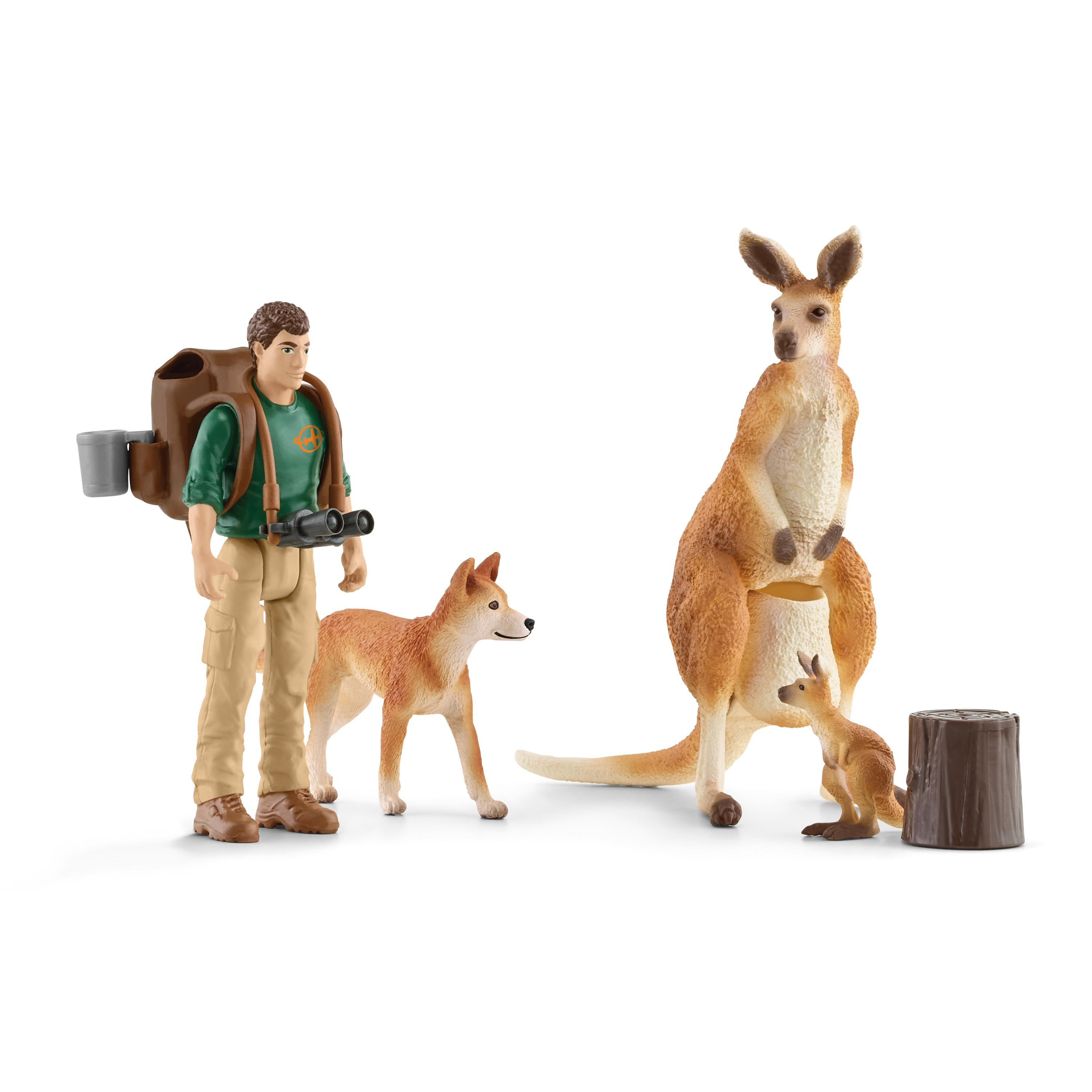 Eine Gruppe von Spielzeugtieren: ein Känguru mit Jungtier, ein Dingo und ein Mann.