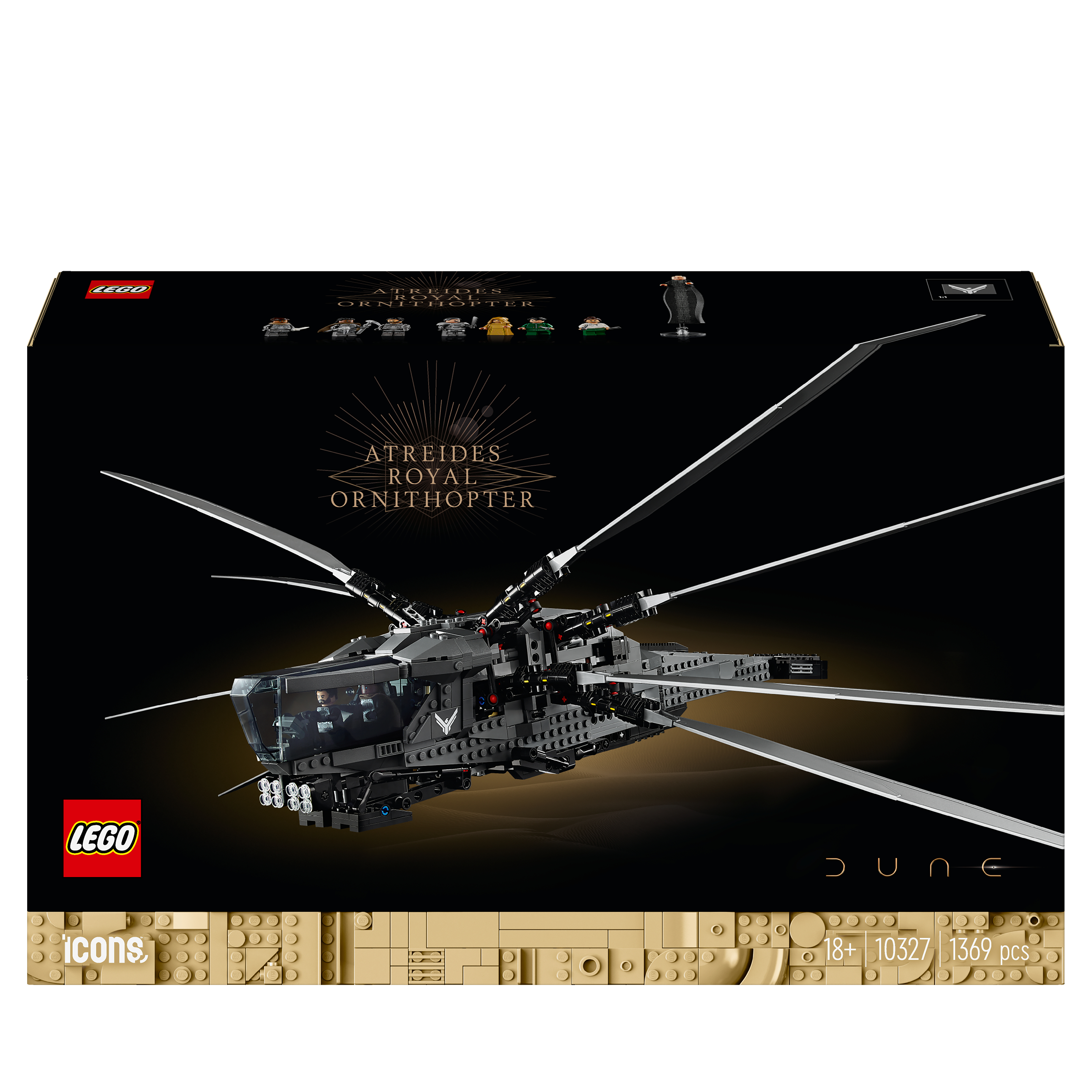 Lego Dune Atreides Royal Ornithopter Setbox. Schwarze Box mit dem Modell darauf, Lego-Logo und Text.