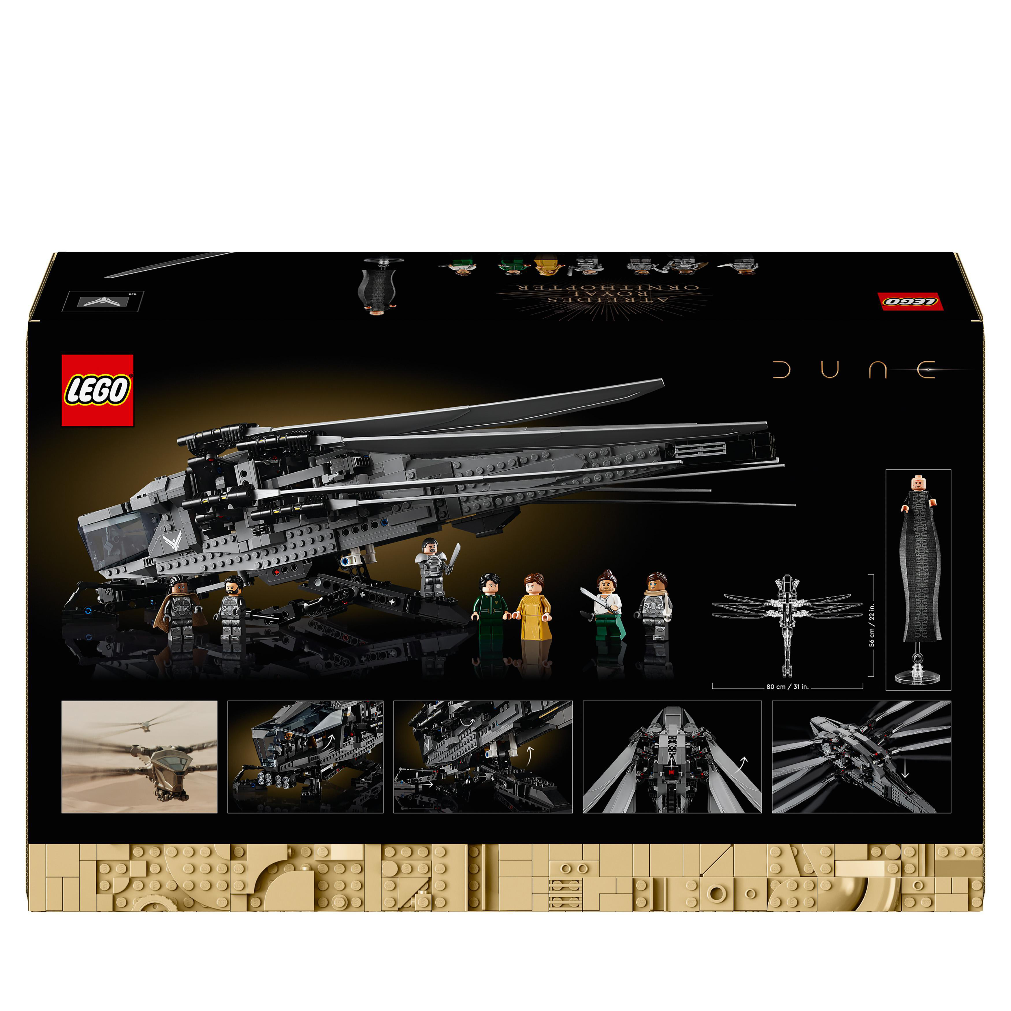 LEGO Dune Atreides Royal Ornithopter Box-Set mit Bildern des Modells und Figuren.