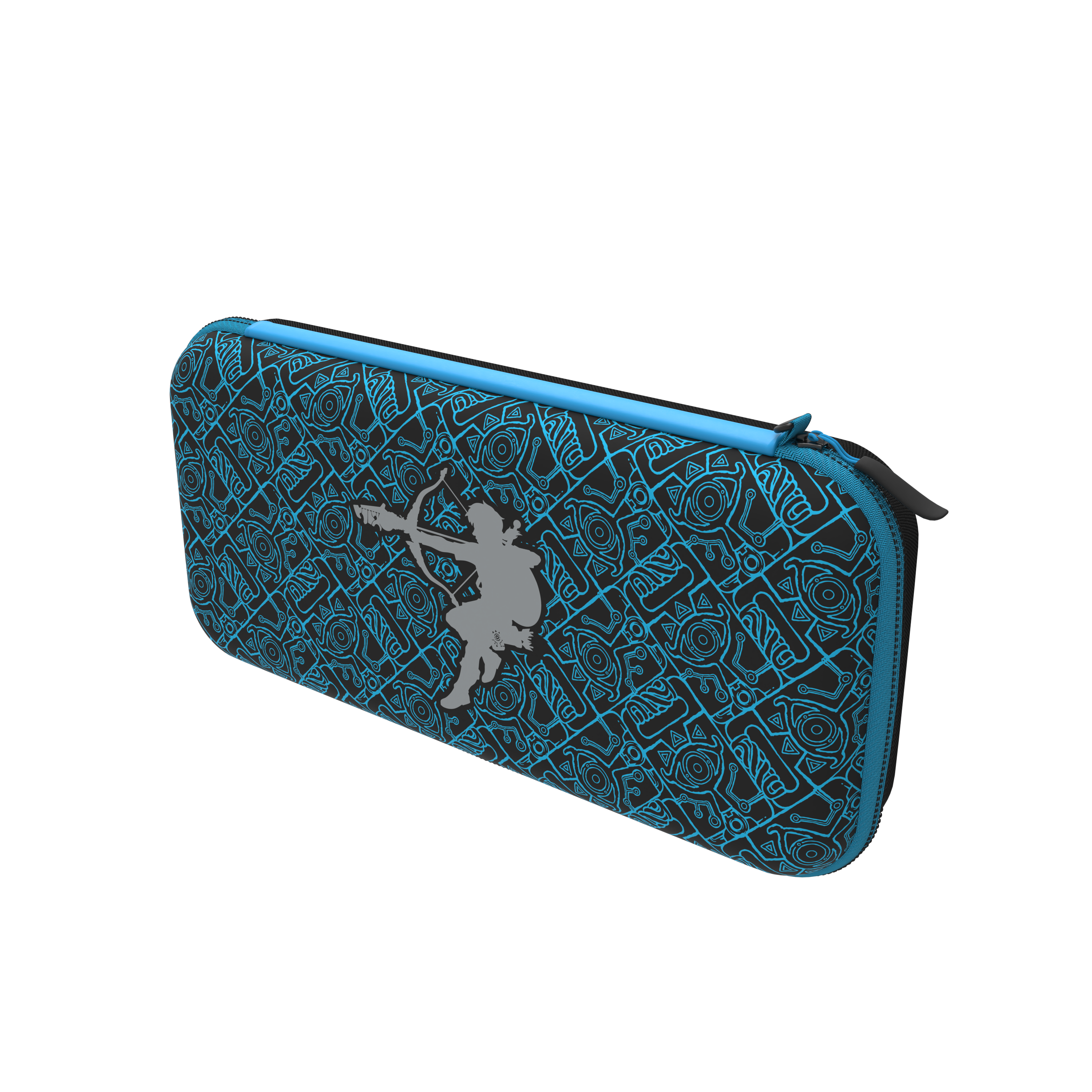 Eine schwarz-blaue gemusterte Hülle mit einer silbernen Bogenschützen-Silhouette auf schwarzem Hintergrund.