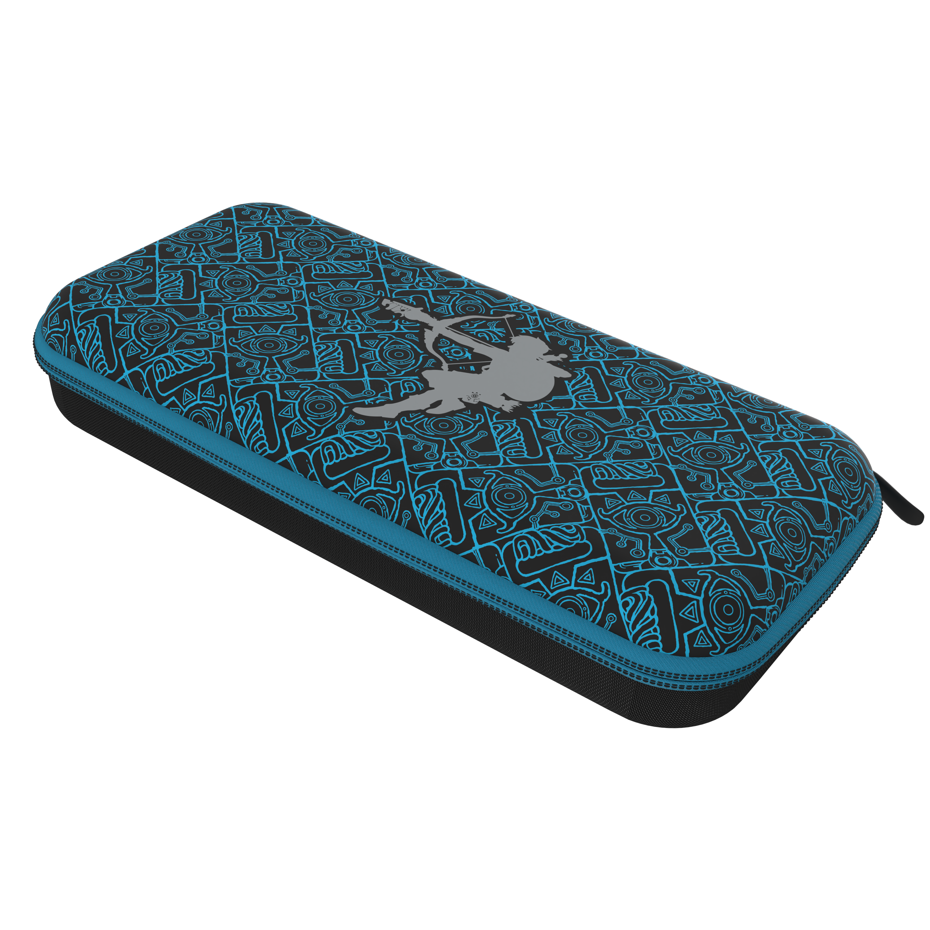 Schwarzes Etui mit blau gemusterter Oberseite und Silhouette einer Person mit Bogen.