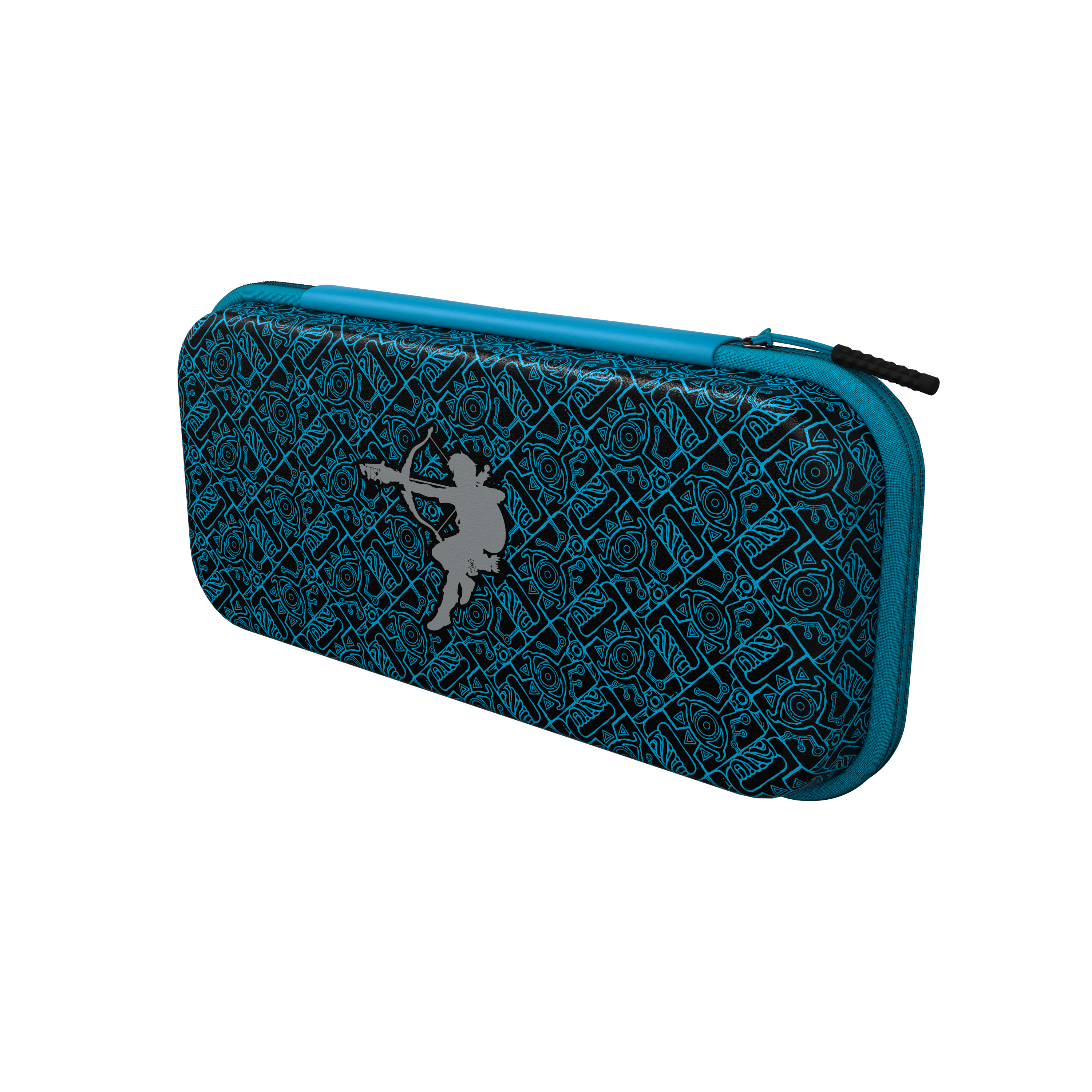 Eine blaue Nintendo Switch Hülle mit einem stilisierten Bogenschützen-Design auf schwarzem Hintergrund.
