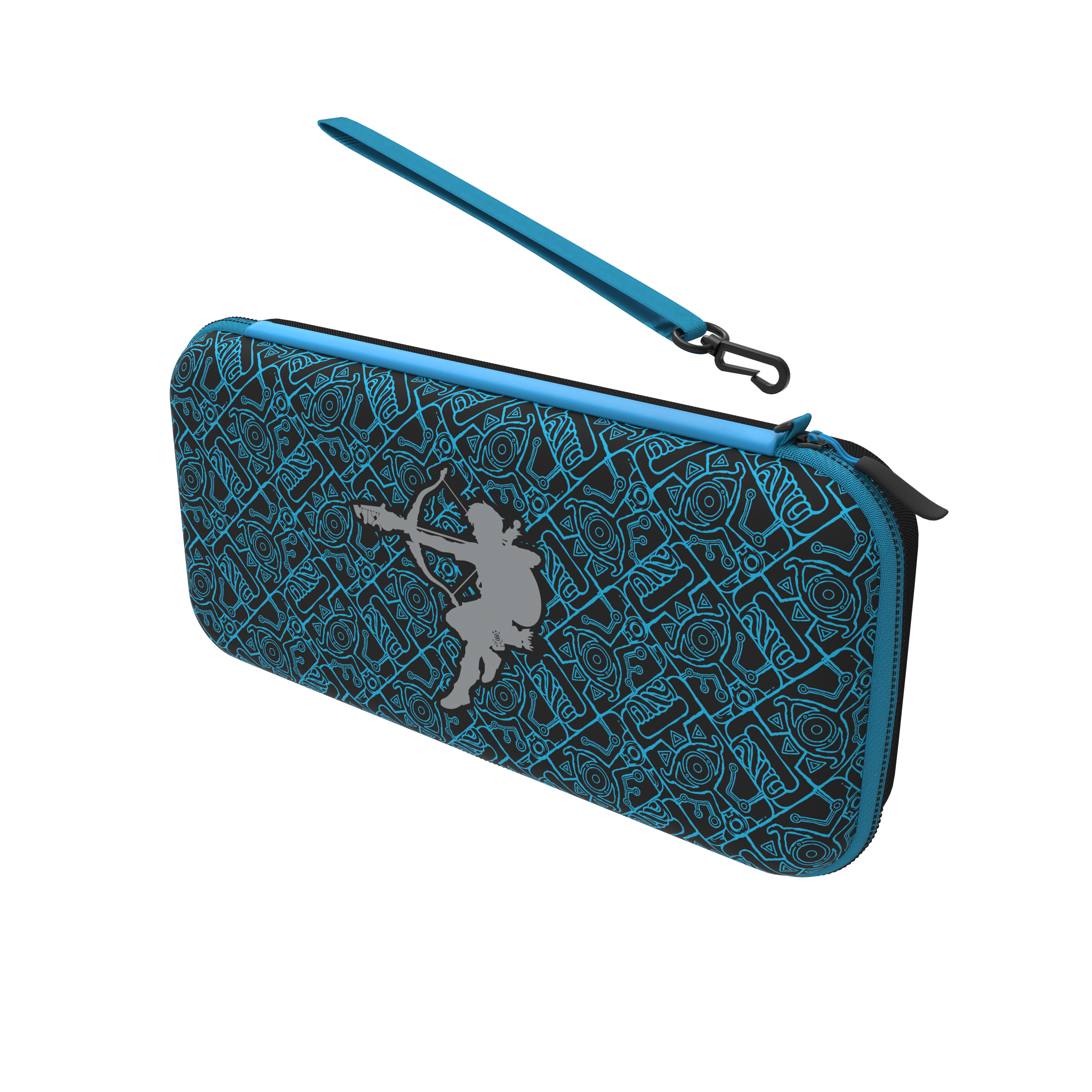 Schwarz-blaues Etui mit Design, blauem Griff und schwarzem Hintergrund.