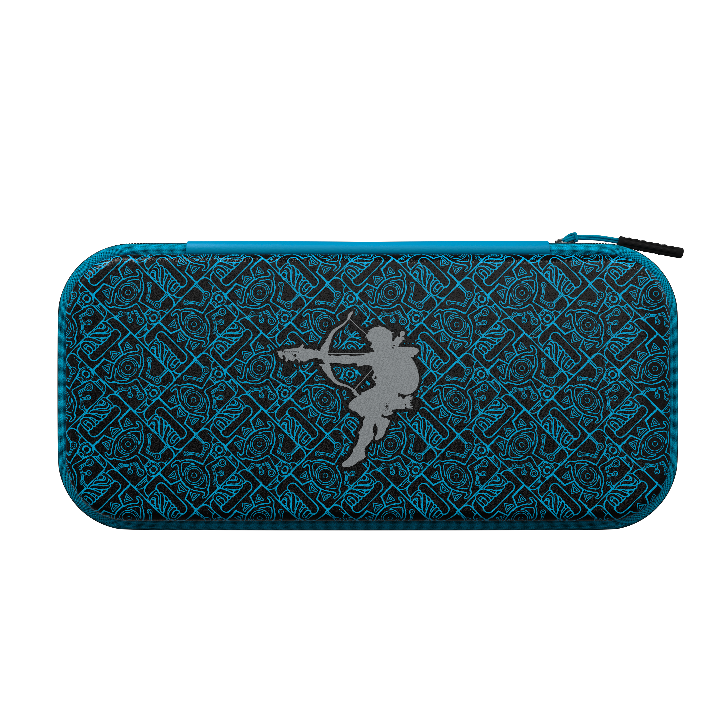 Eine blaue Switch-Hülle mit einer Silhouette eines Bogenschützen. Der Hintergrund ist schwarz.