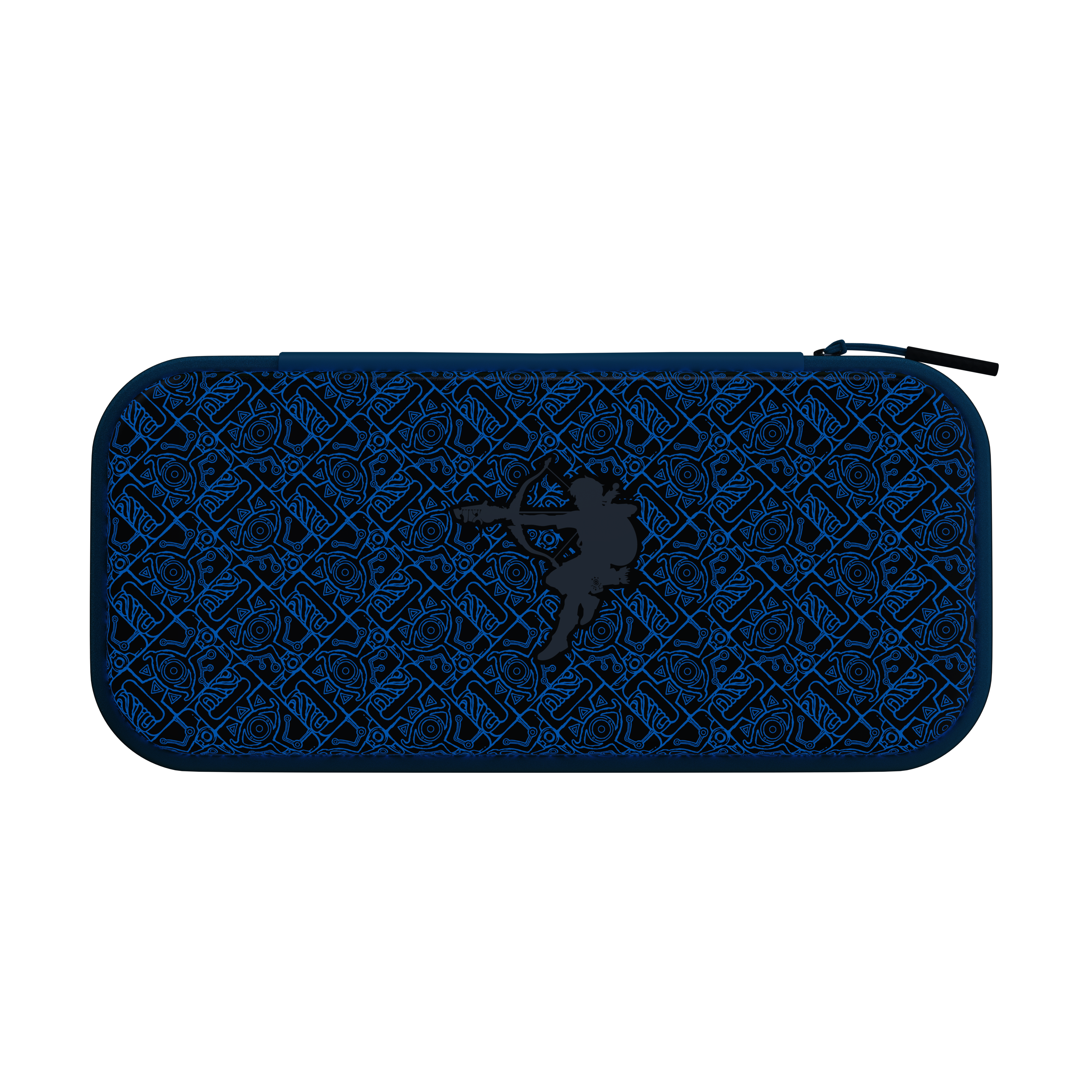 Blau gemusterte Hülle mit einer Silhouette eines Bogenschützen auf schwarzem Hintergrund.
