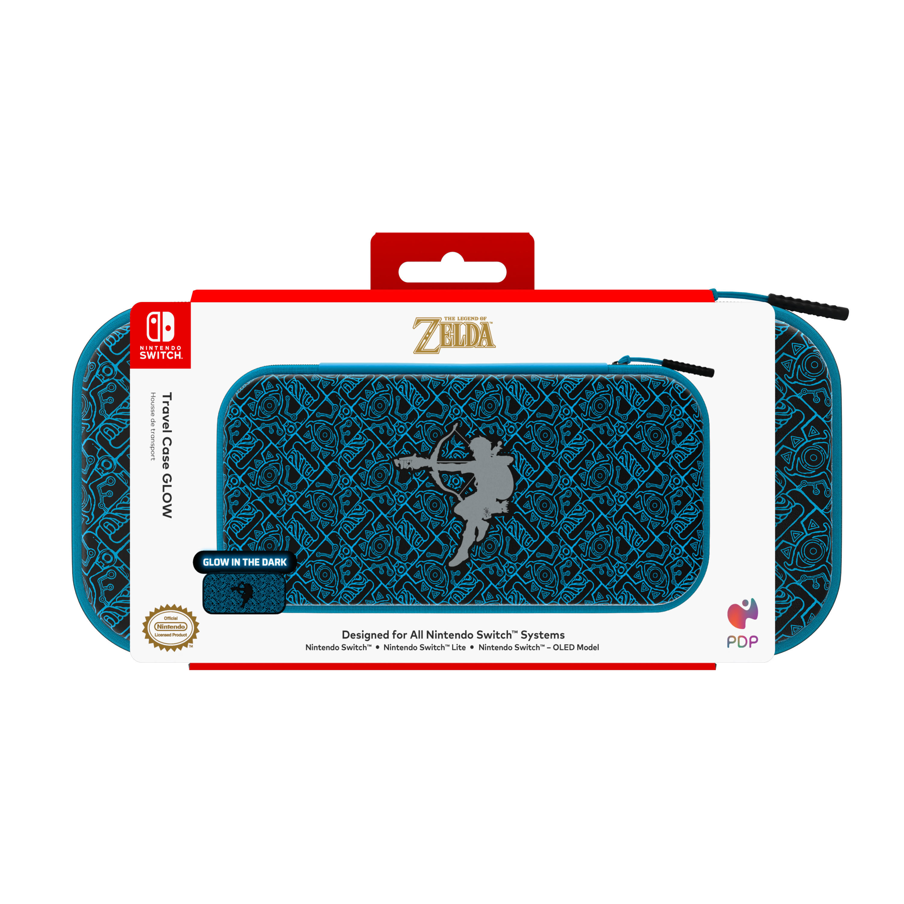 Reiseetui für Spielkonsole. Vordergrund: Etui. Hintergrund: schwarz.