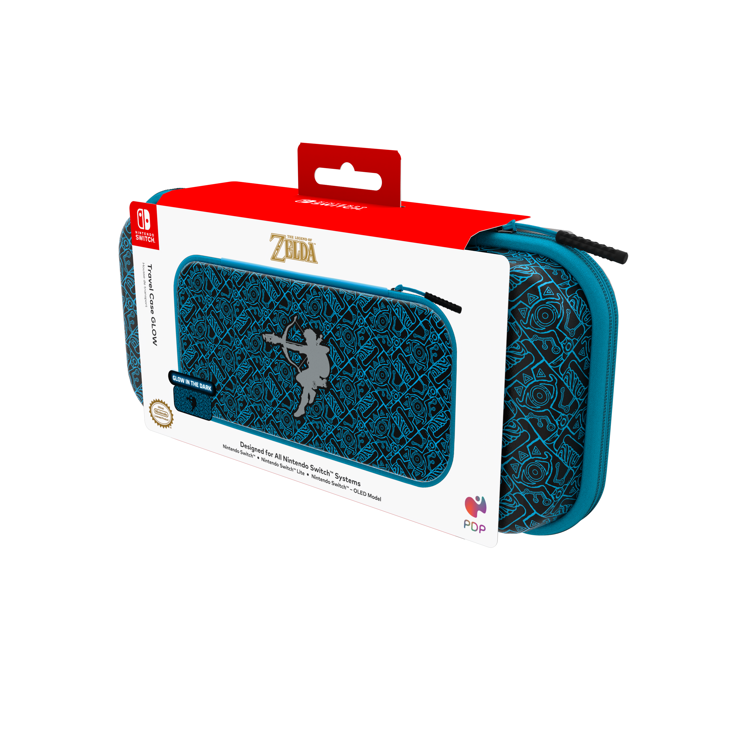 Blau-schwarze Nintendo Switch-Hülle mit Zelda-Logo und -Design. Rotes Etikett oben.
