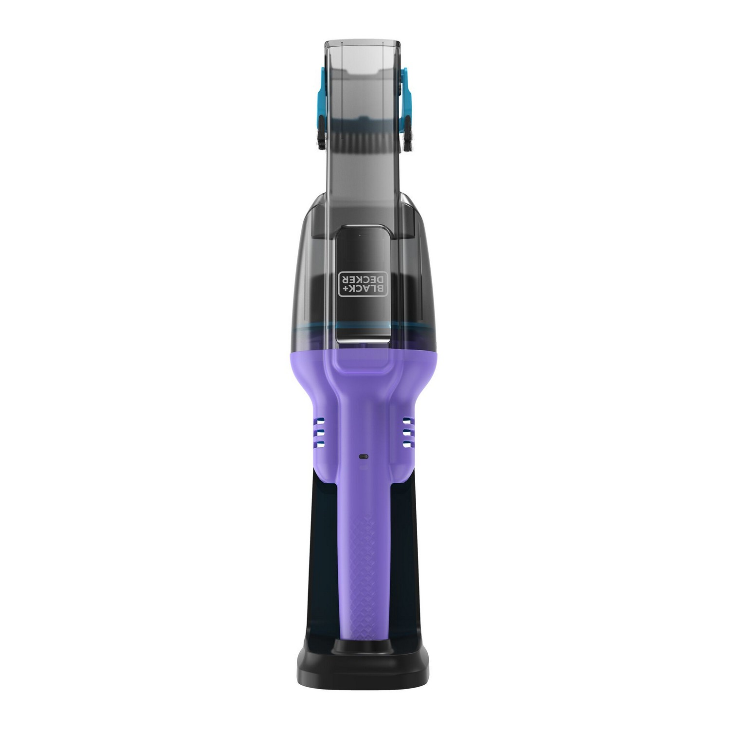A handheld vacuum cleaner. It has a purple body and a black base.