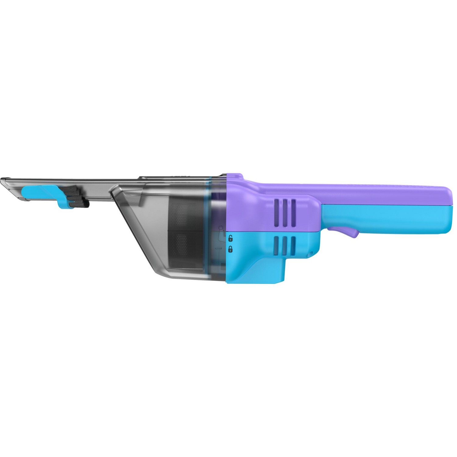 A handheld vacuum cleaner with a blue and purple color scheme.