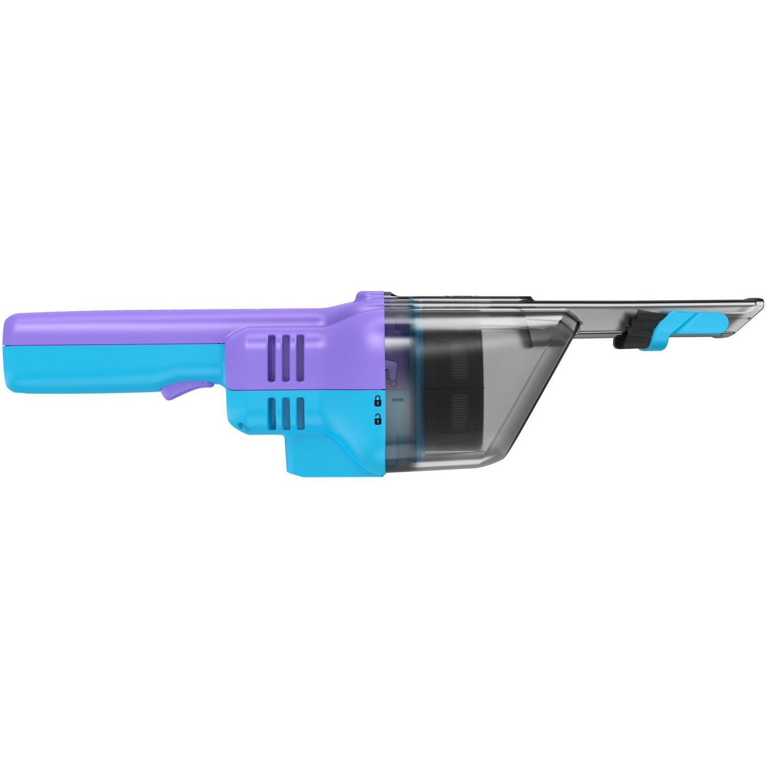Handheld vacuum cleaner, blue and purple, side view.