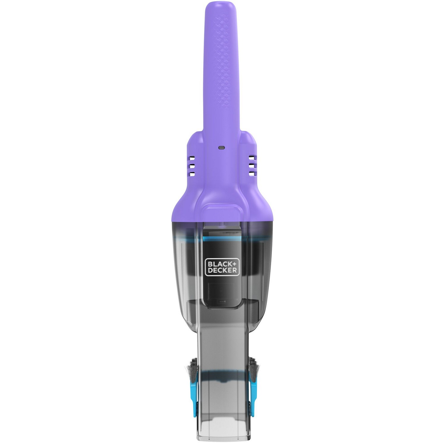 Black and purple hand vacuum cleaner with brush head.