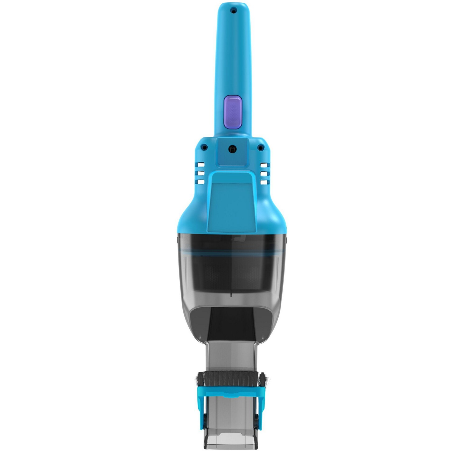 Light blue handheld vacuum cleaner, vertically oriented, with a transparent dust container and handle.
