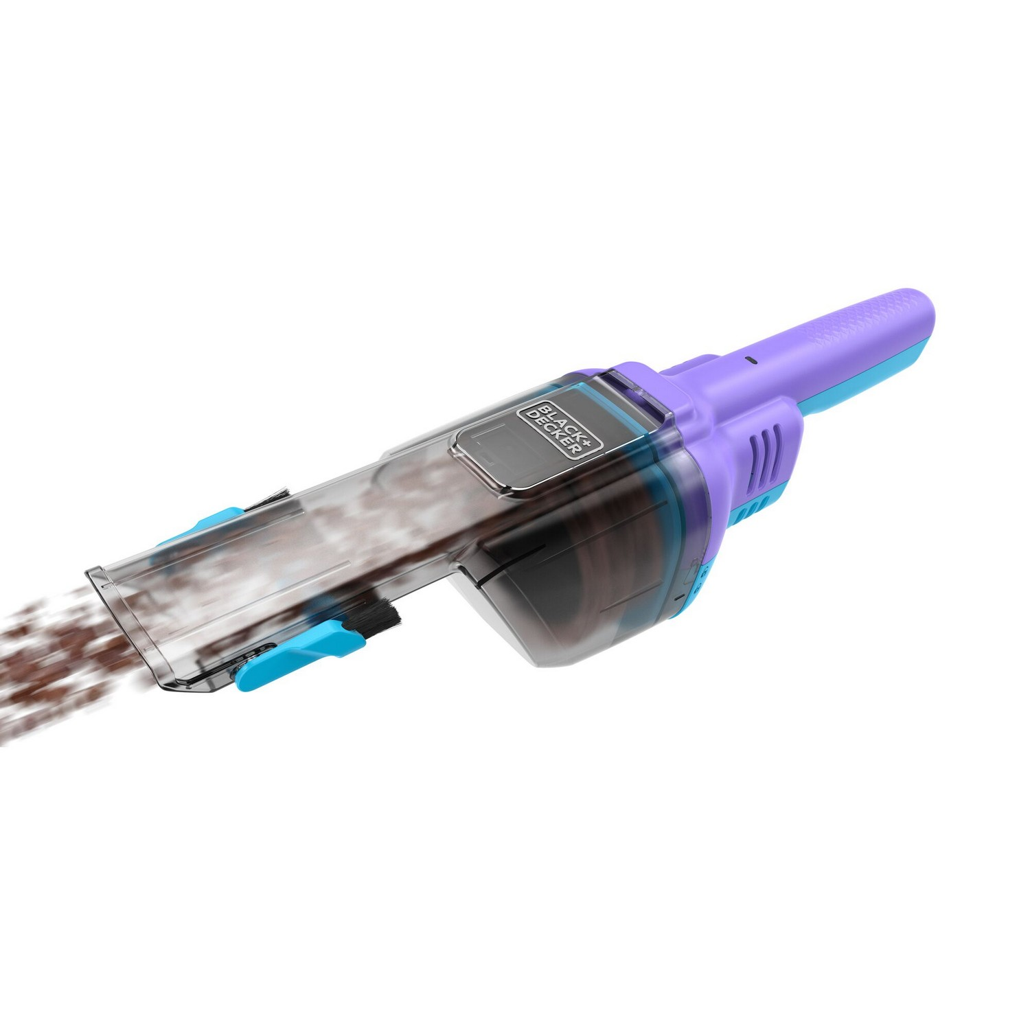 A handheld vacuum cleaner spraying dirt. The device is purple and blue, with the brand name Black+Decker.