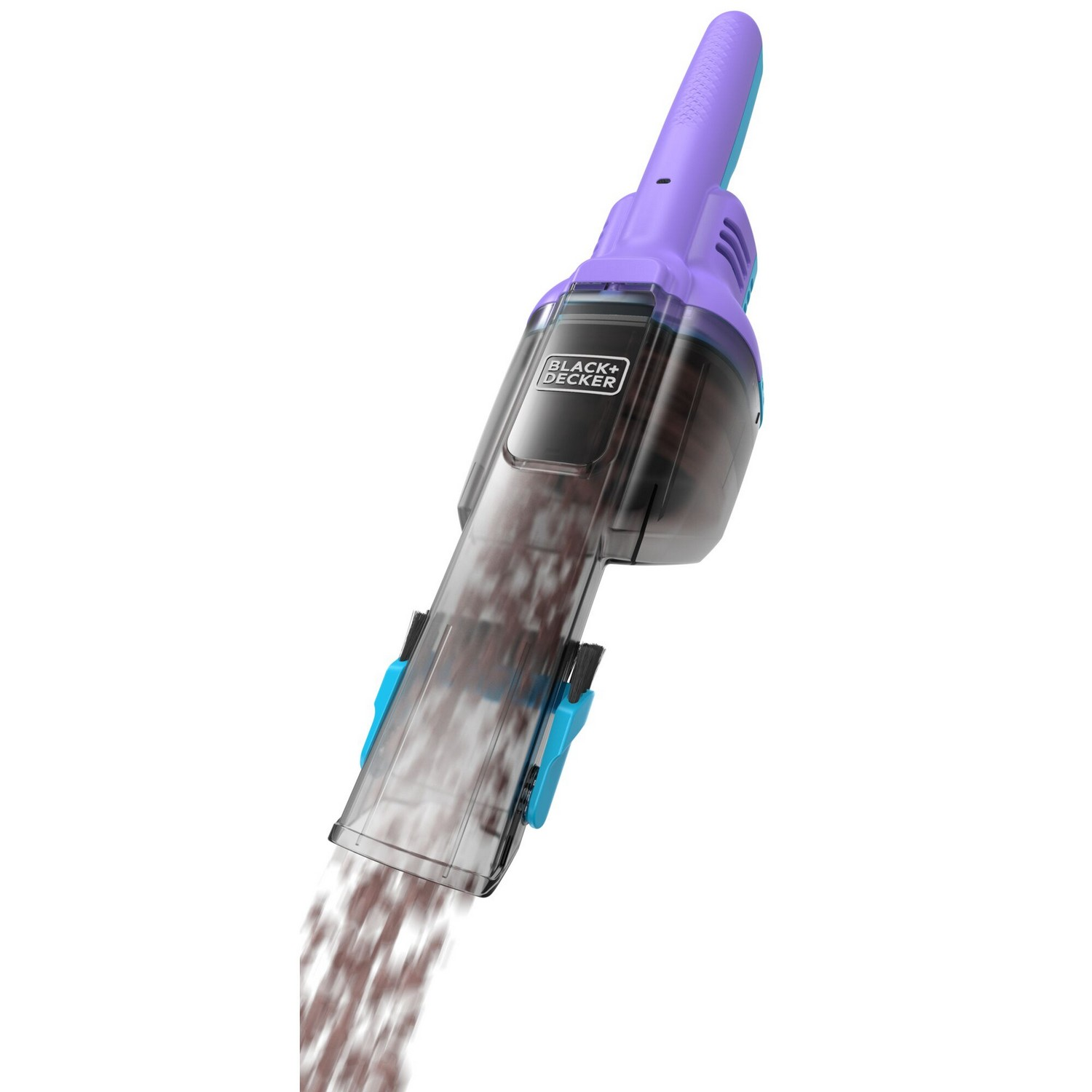 A purple and black handheld vacuum cleaner. Debris is being sucked up.