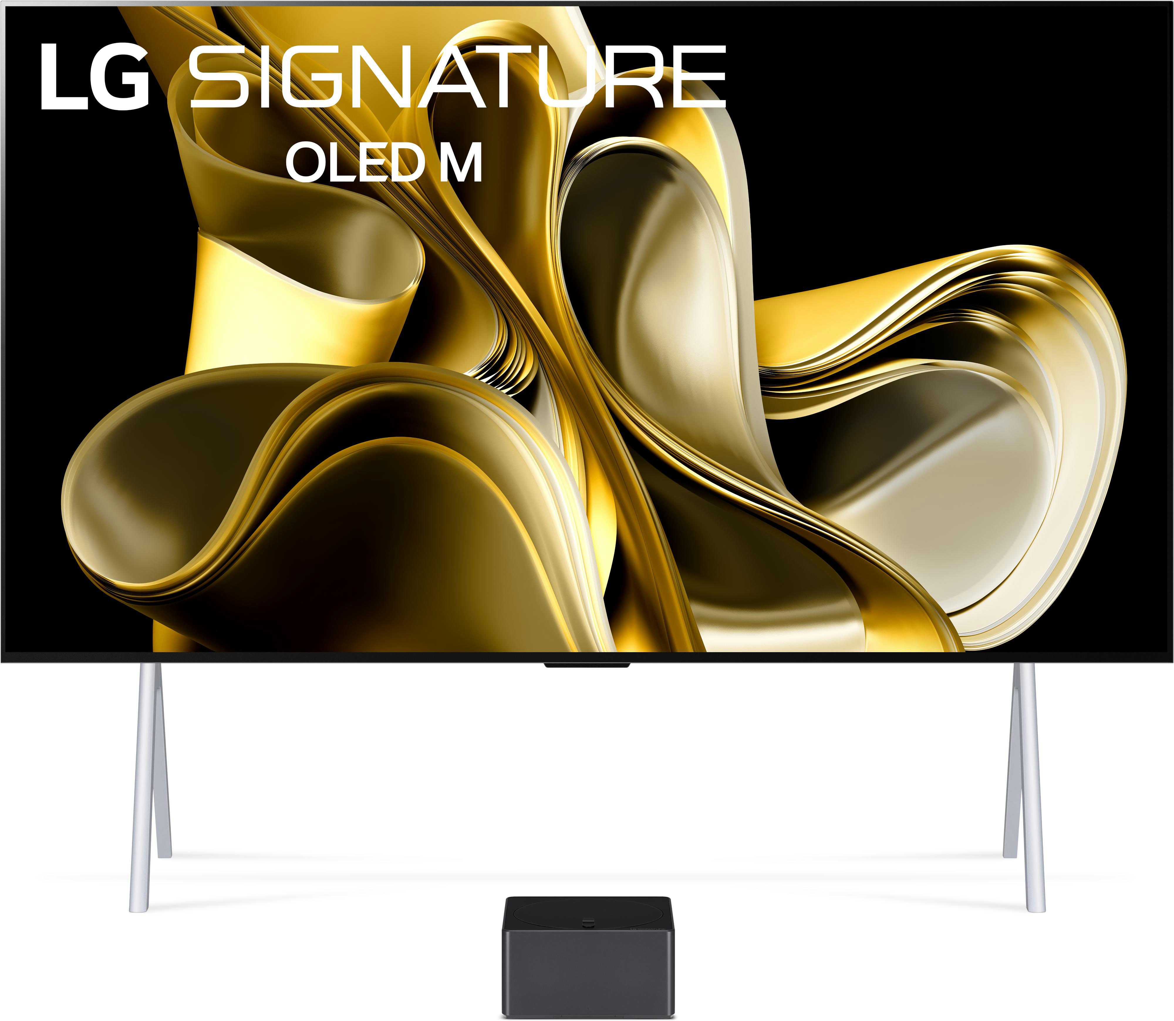 Großer LG OLED-Fernseher mit schlankem Design, Sockel und schwarzer Soundbar.