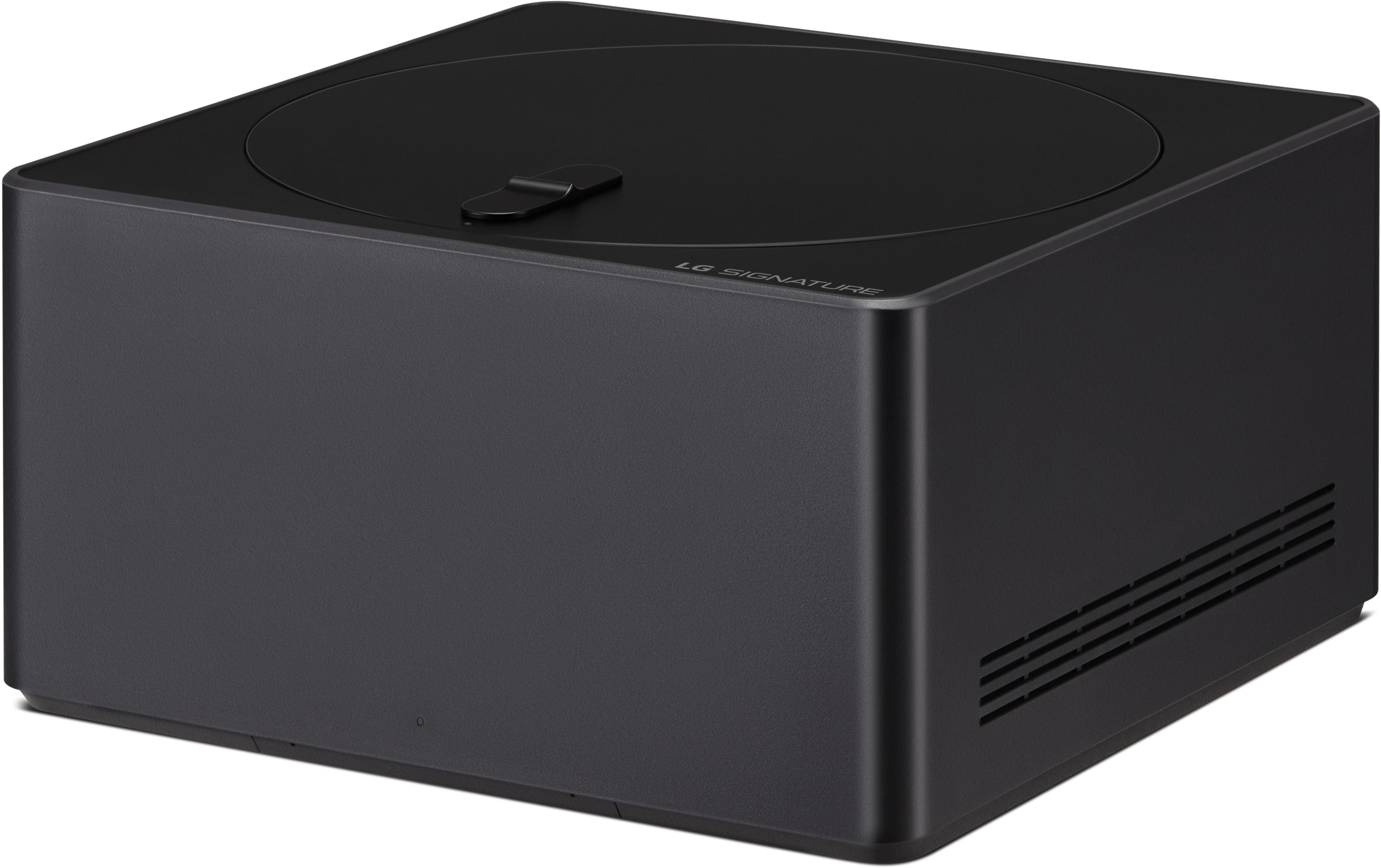 Ein schwarzes LG Signature-Gerät, eine quadratische Box mit flacher Oberseite.