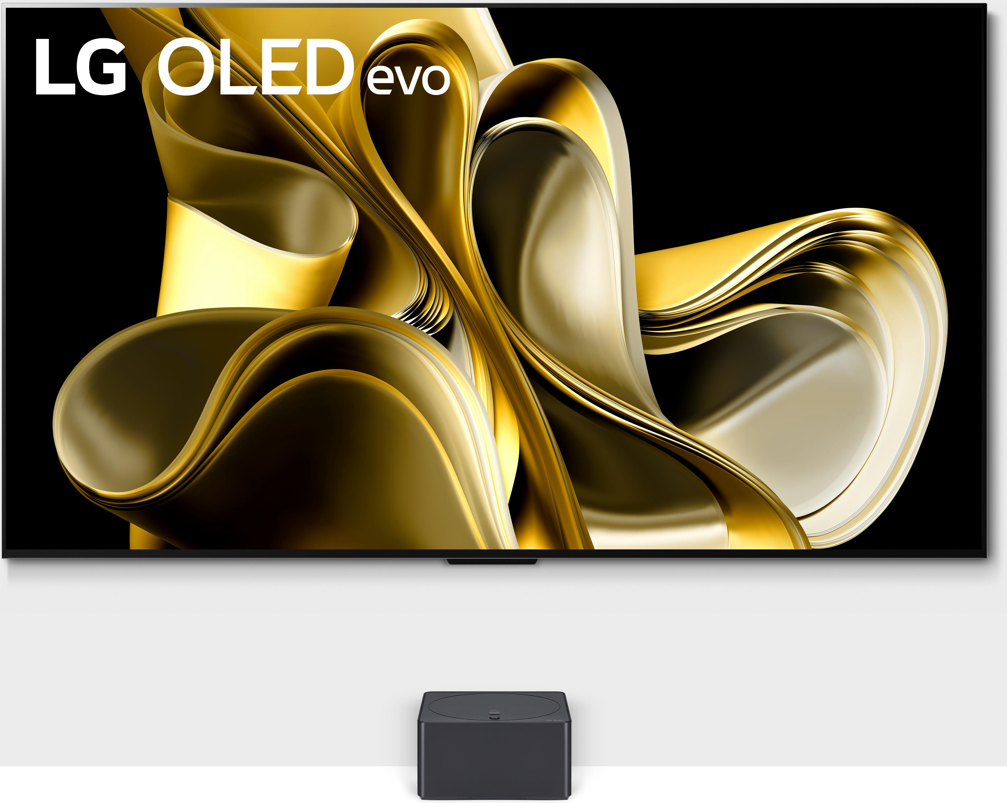 LG OLED evo TV an weißer Wand, mit schwarzer Soundbar darunter.