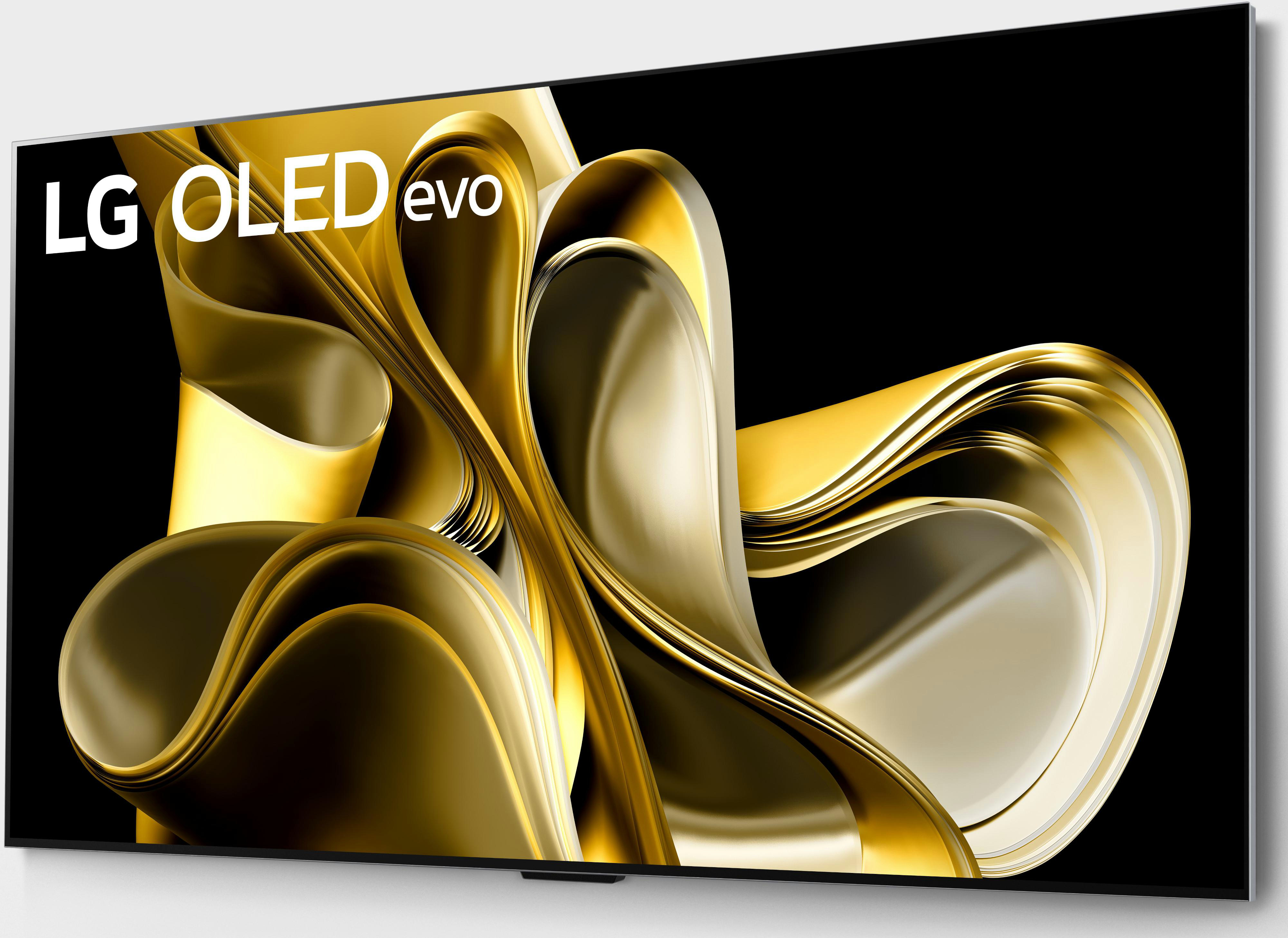 Ein LG OLED evo TV zeigt ein abstraktes goldgelbes Design vor schwarzem Hintergrund.