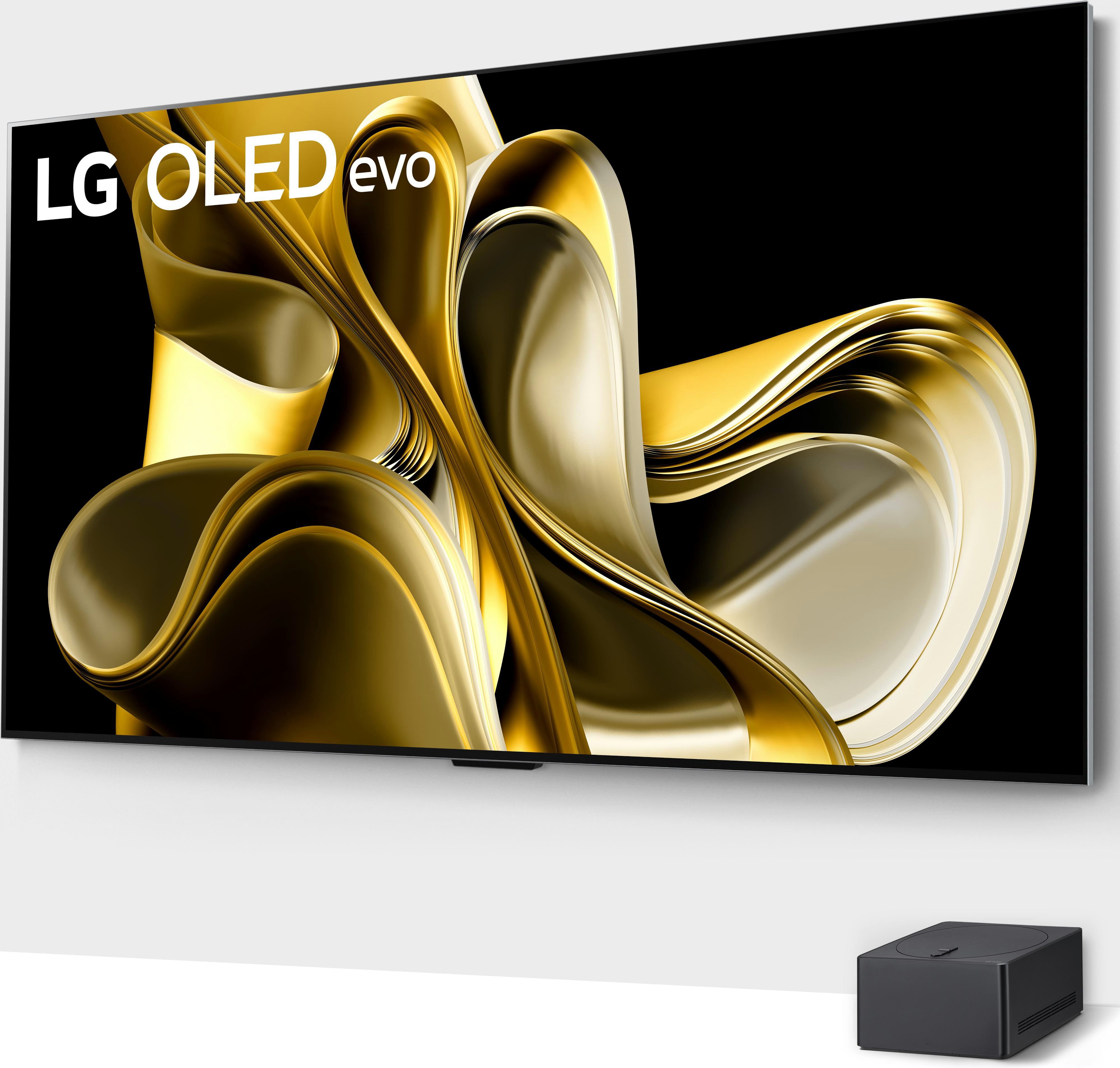 LG OLED evo TV auf weißer Oberfläche mit schwarzer Box darunter.