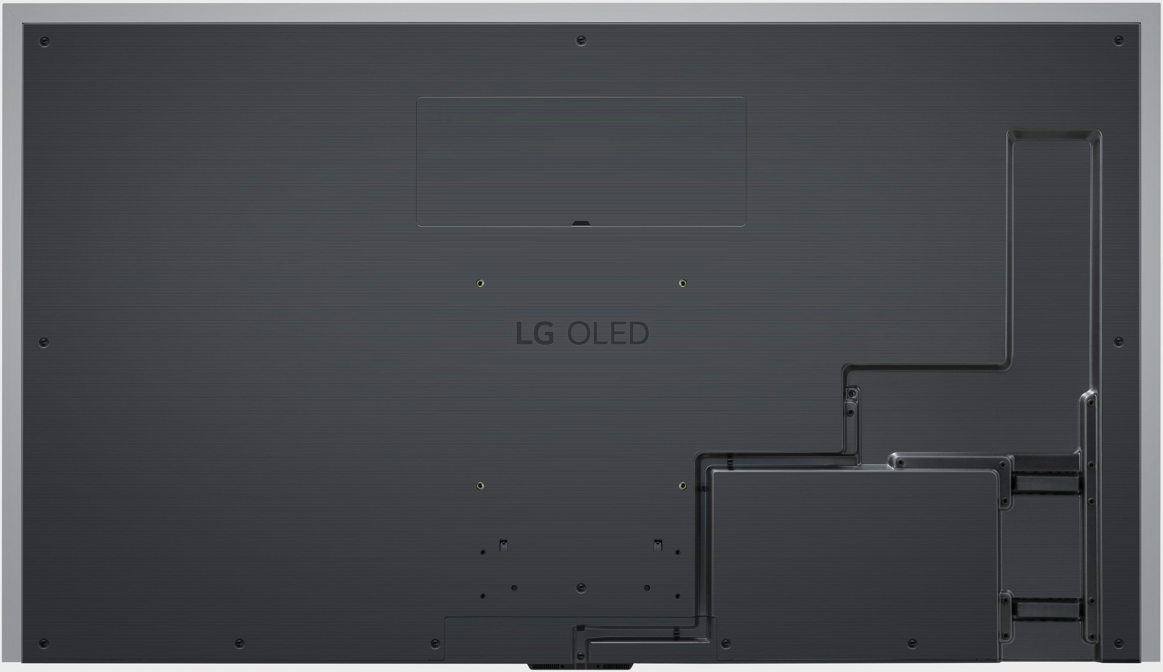 Schwarze LG OLED TV-Rückseite mit Text, großem rechteckigen Bereich, Schrauben.