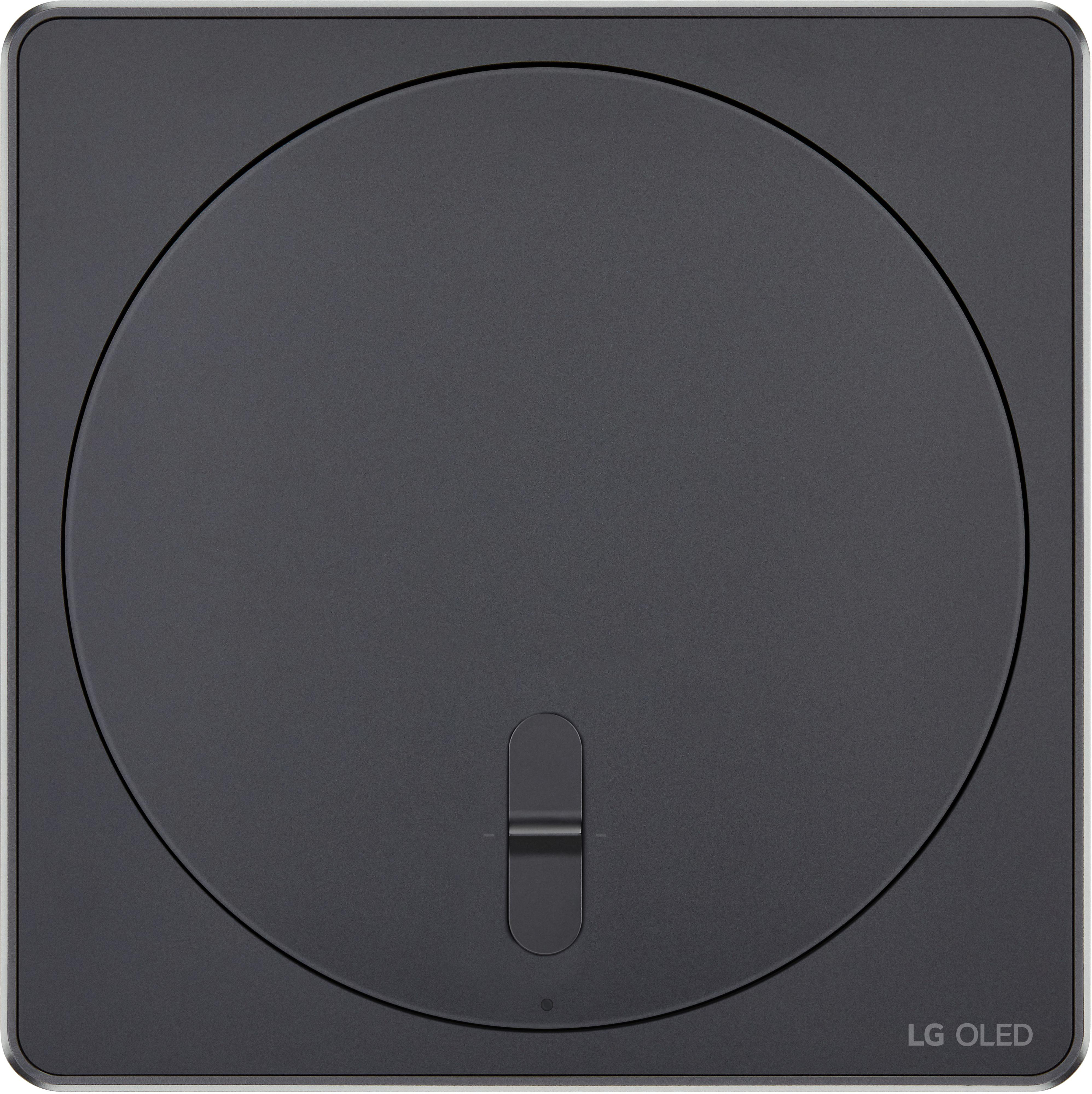 Ein schwarzes LG OLED-Gerät mit kreisförmigem Design und einem Schiebemechanismus.