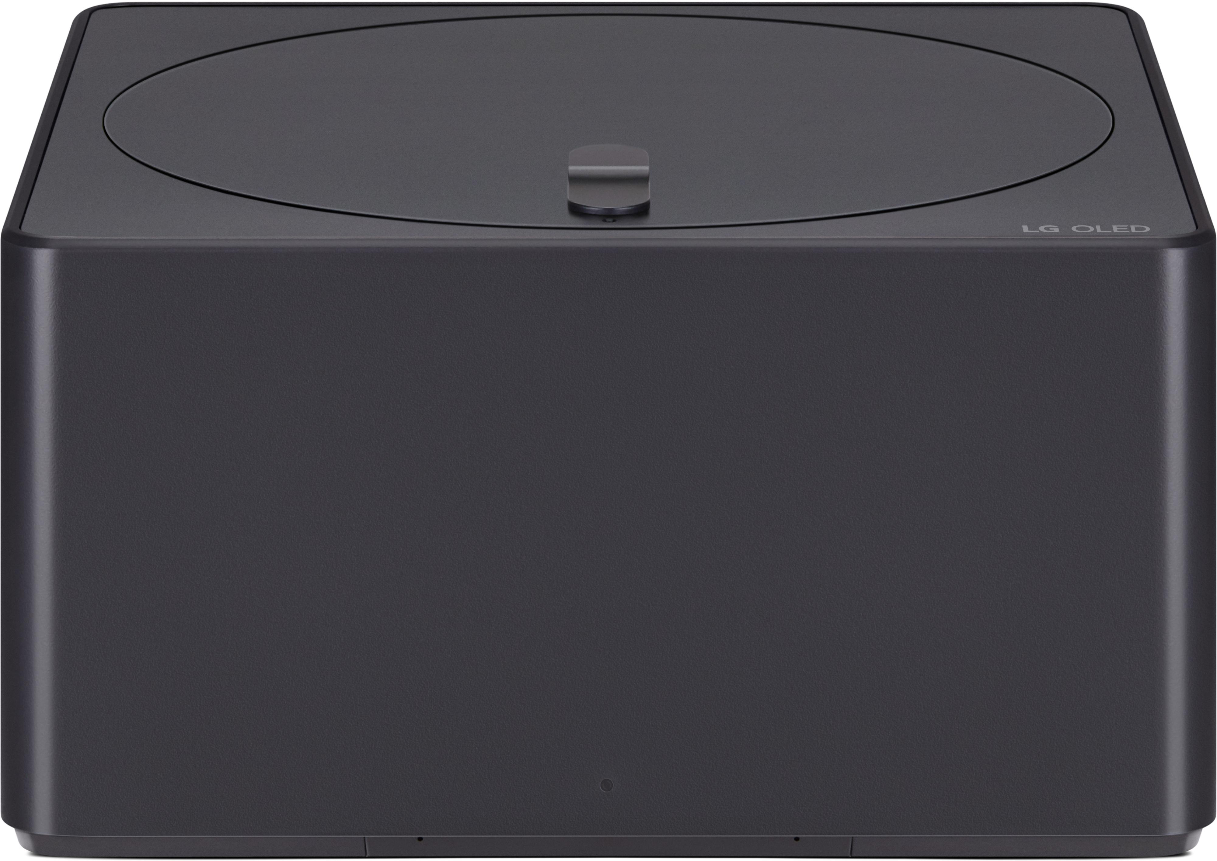 Ein schwarzer LG OLED TV-Ständer, ein schwarzes Quadrat mit kreisförmiger Oberseite und einem kleinen schwarzen Griff.