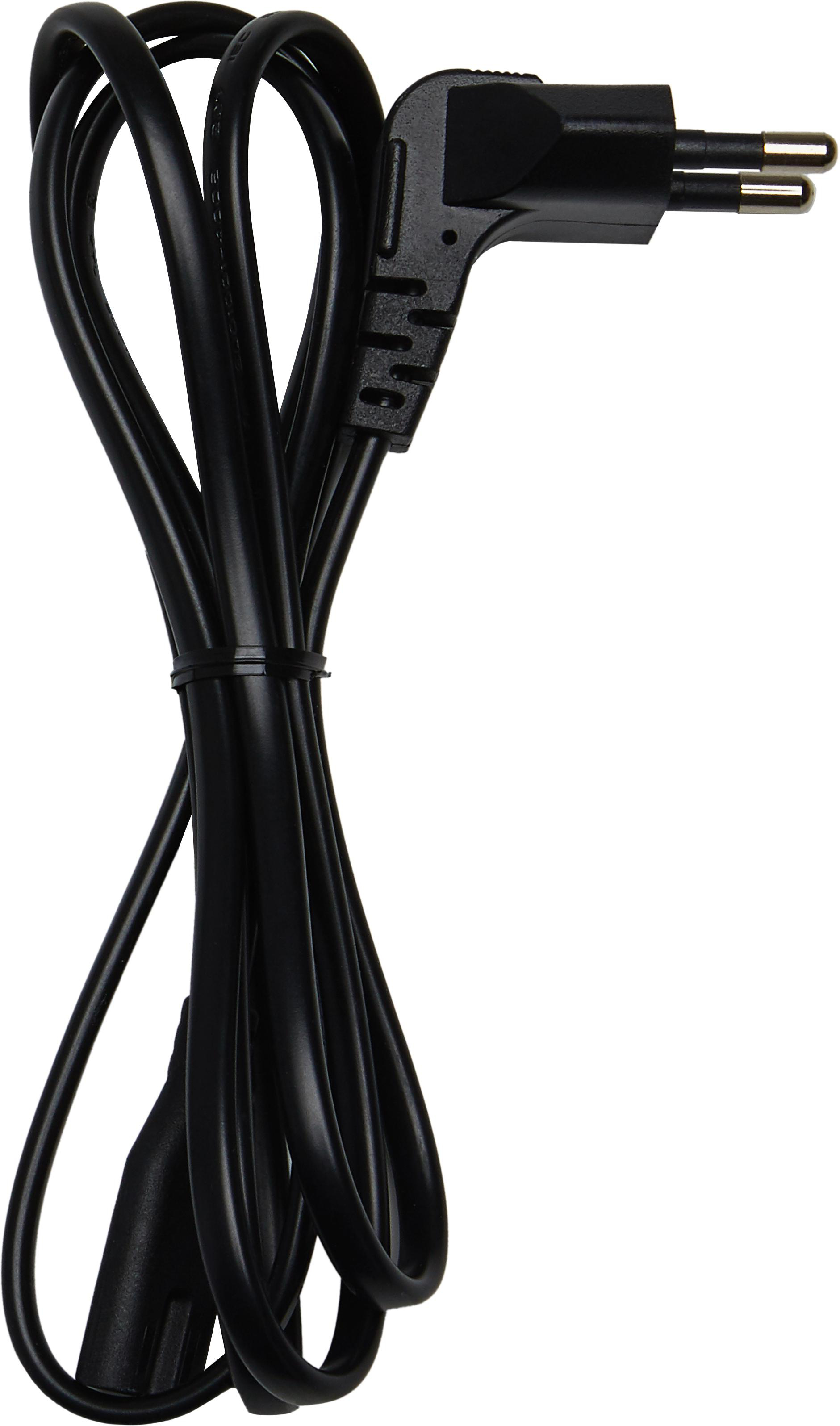 Schwarzes Netzkabel mit Stecker und Anschluss auf weißem Hintergrund.