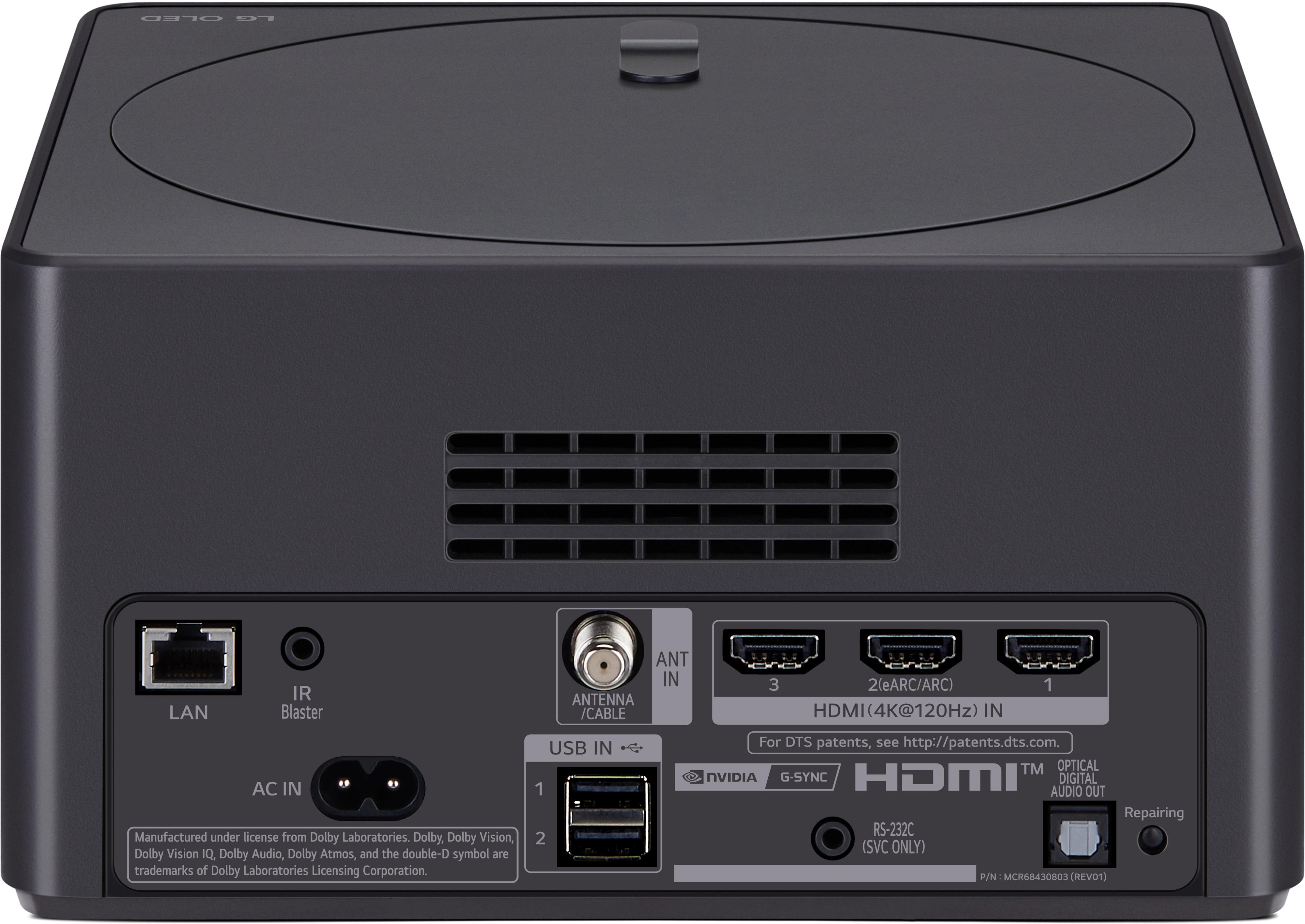 Rückseite des schwarzen Geräts mit Anschlüssen: LAN, HDMI, USB usw. LG OLED-Logo vorhanden.