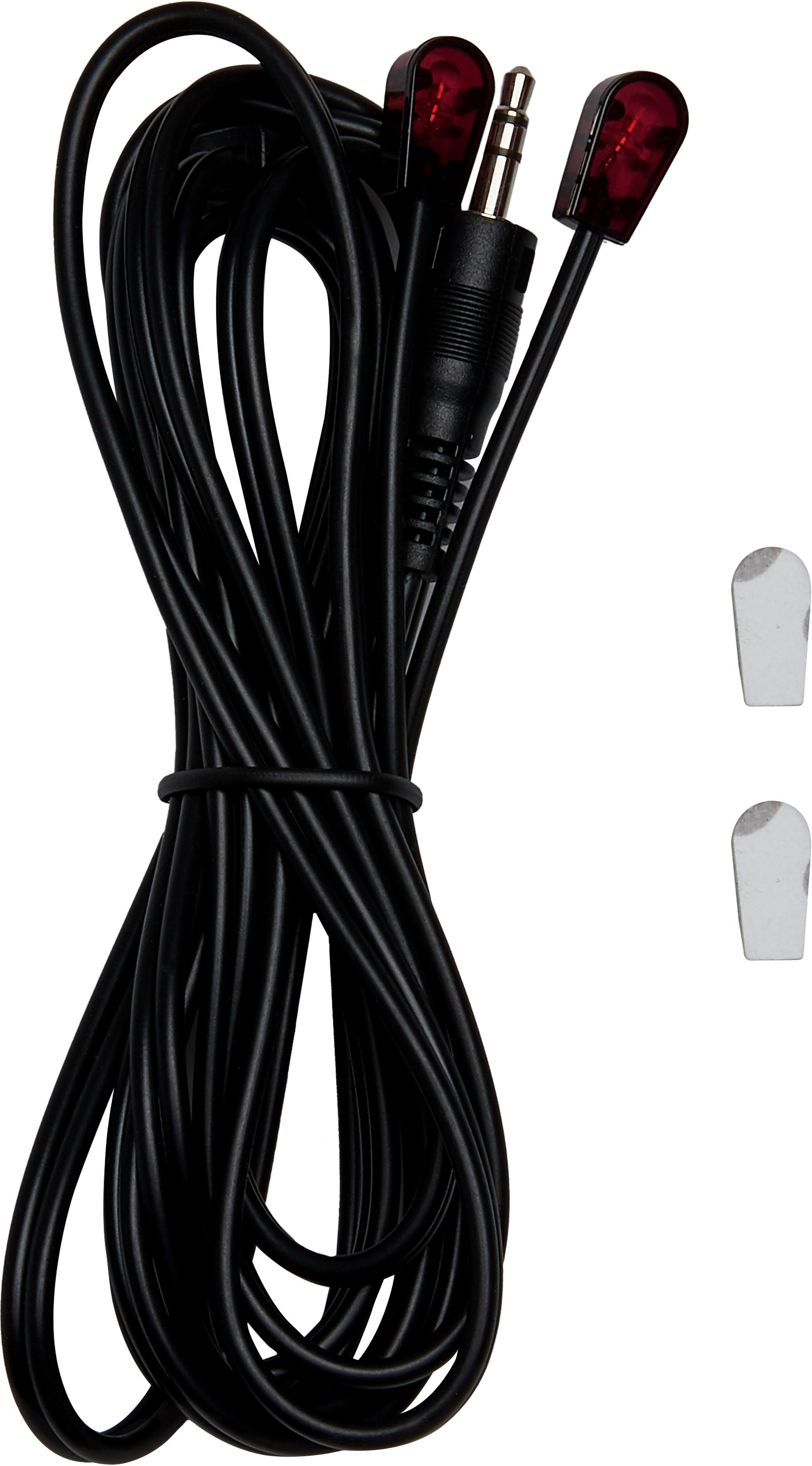 Ein schwarzes Kabel mit Klinke und zwei roten IR-Blastern.