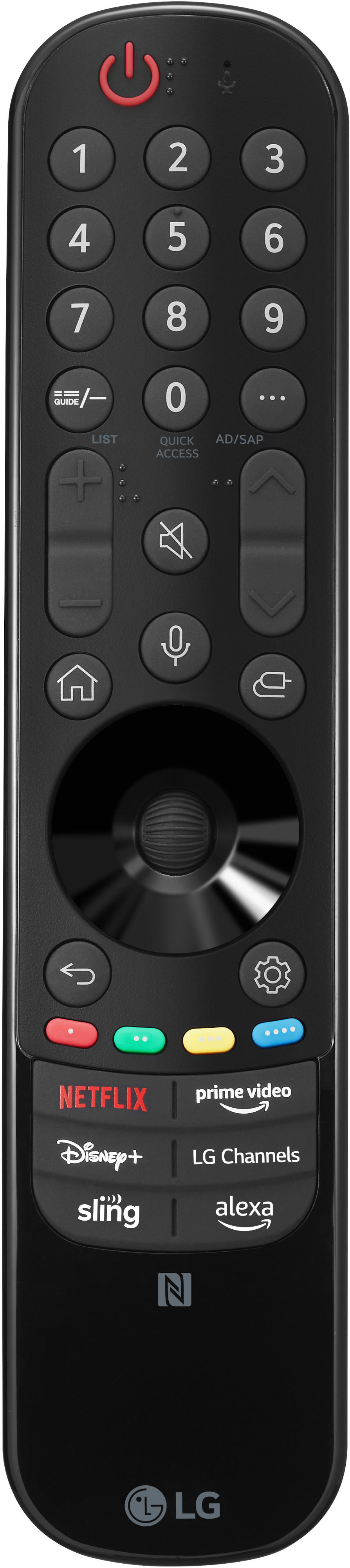 Eine schwarze LG-Fernbedienung mit vielen Tasten und einem Rad.