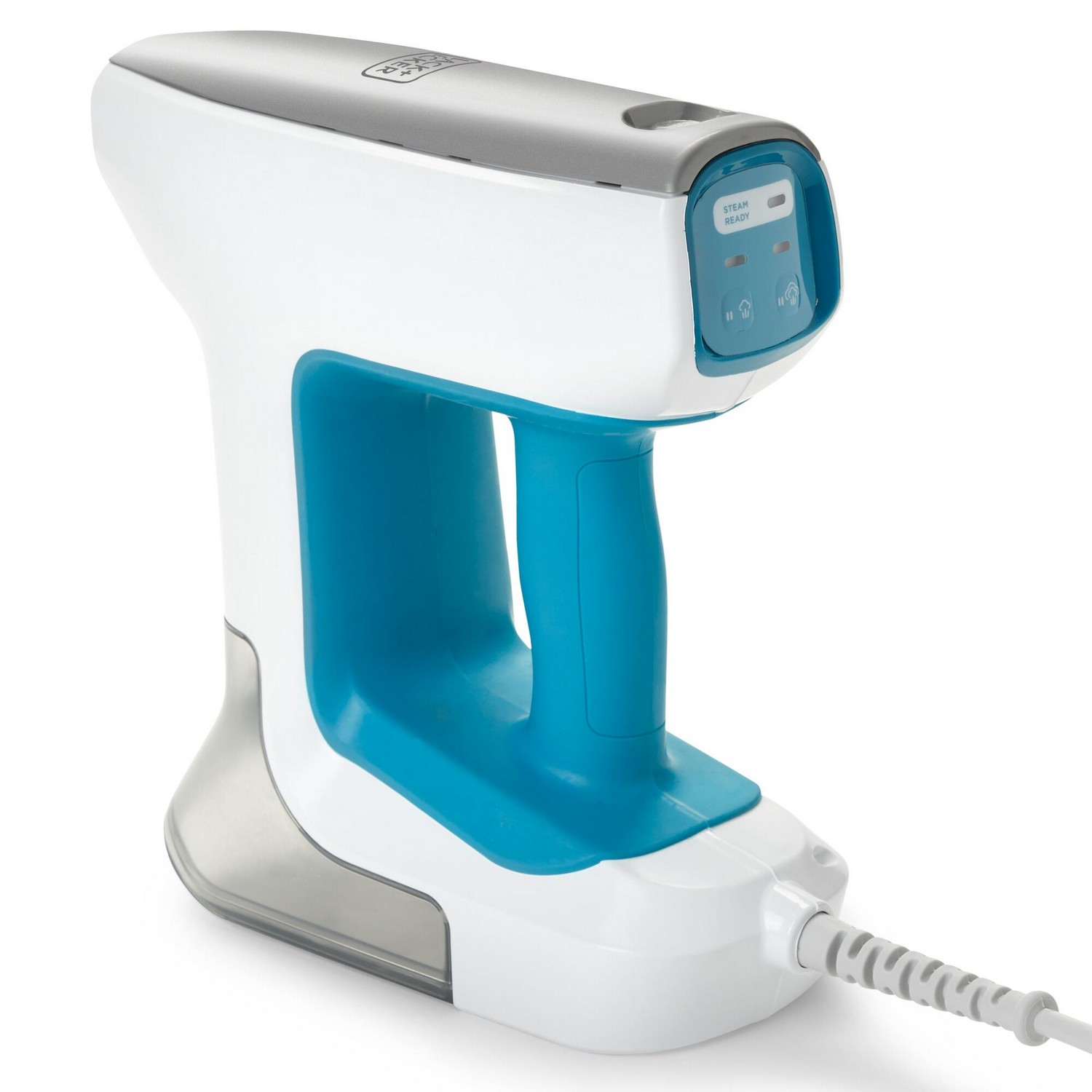 Een witte en blauwe handheld kledingstomer met een handvat en stoomgereed-lampjes.