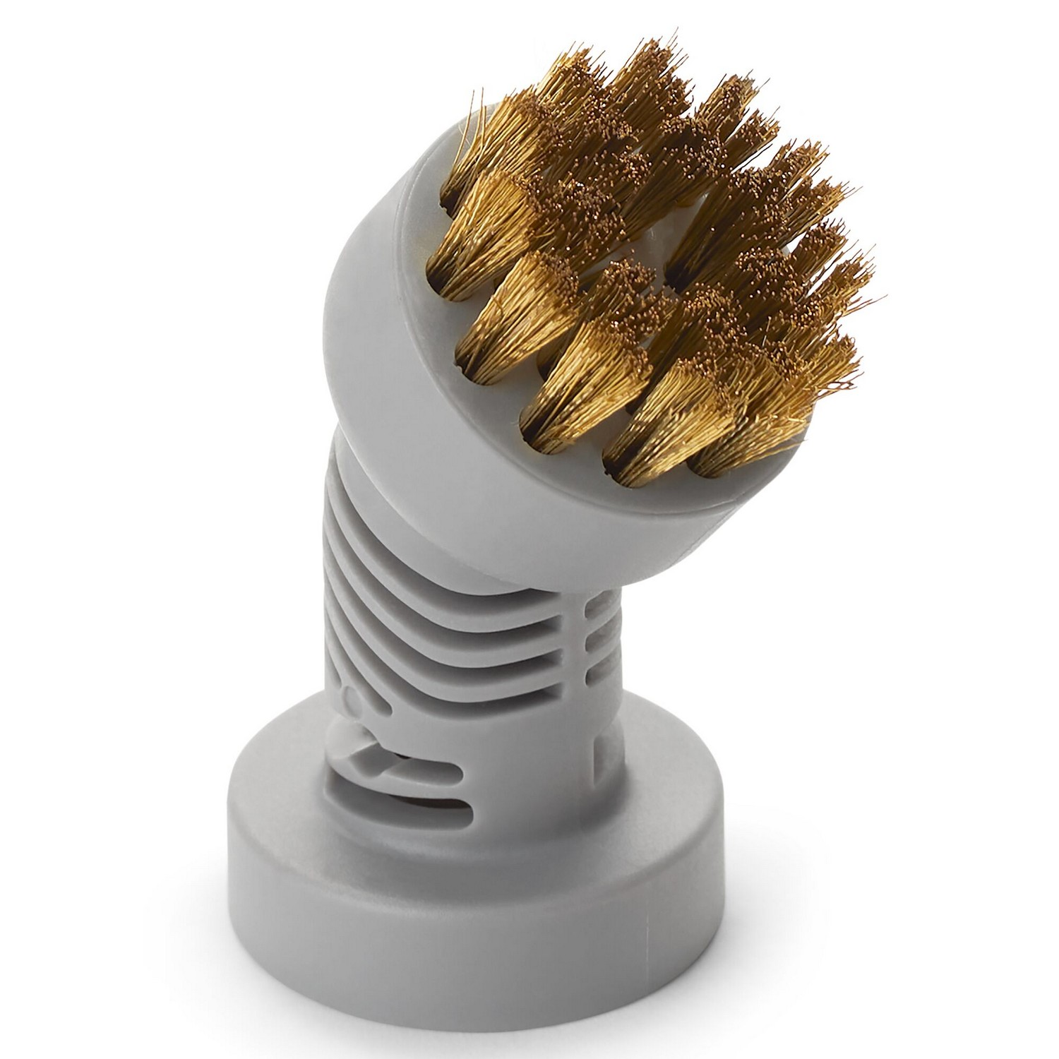 Een grijze stoomreiniger borstelkop met gouden borstelharen, schuin op een wit oppervlak.