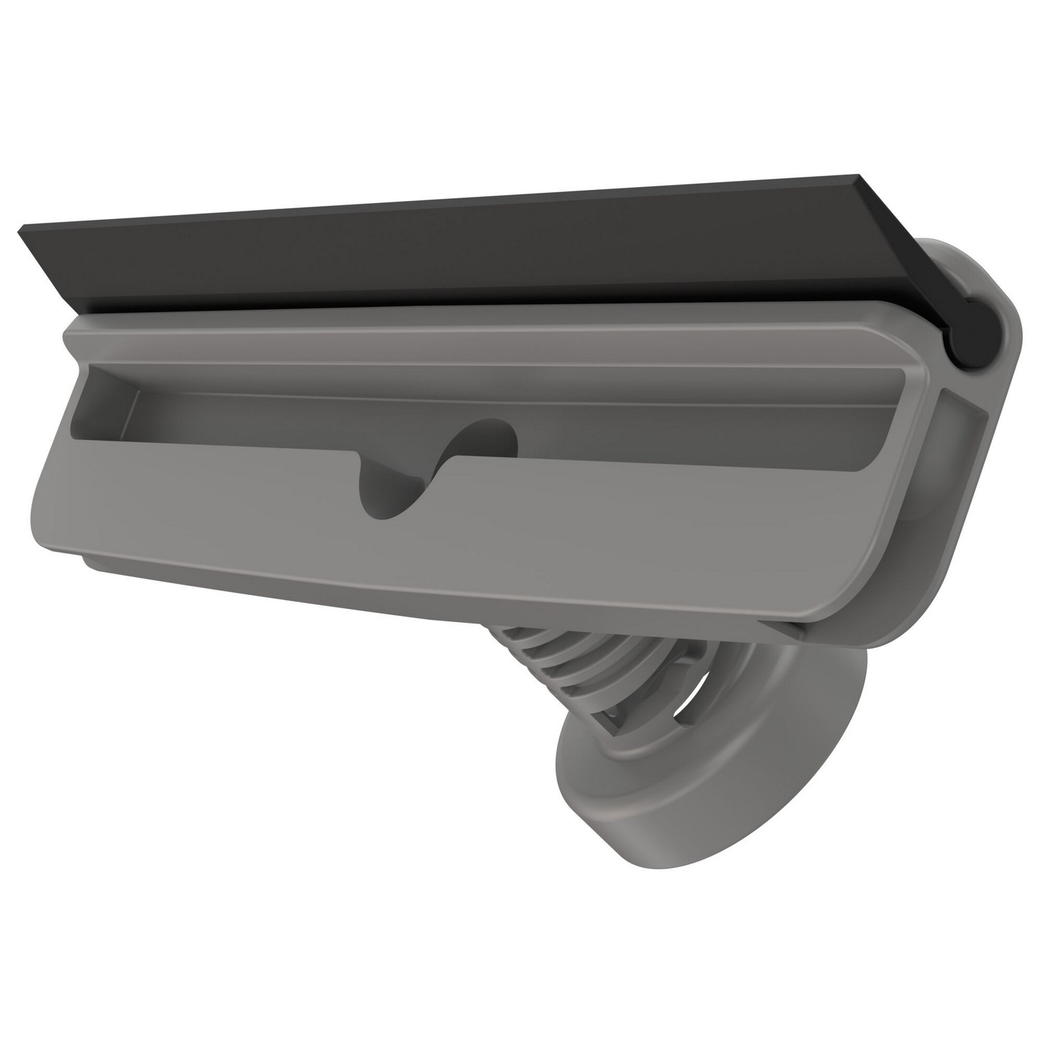 Grijze plastic clip met een zwart mesje aan de bovenkant en een ronde basis.