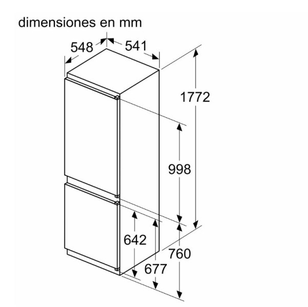 Dibujo isométrico de un frigorífico-congelador, mostrando dimensiones en milímetros.