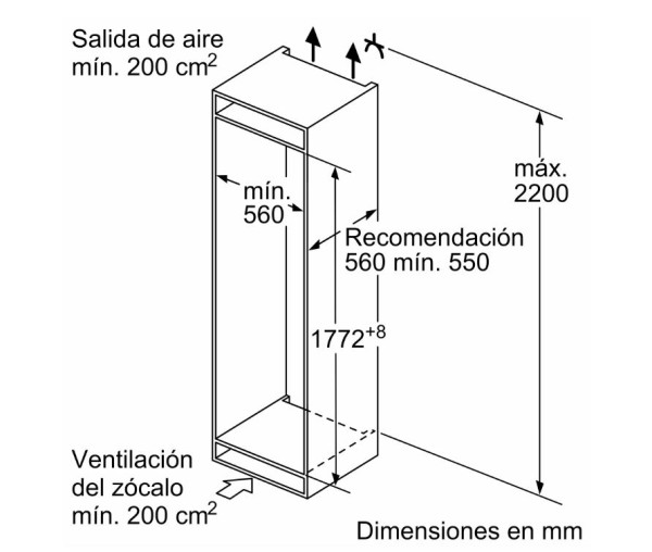 Un diagrama muestra un armario con medidas, incluida la altura y los detalles de ventilación.