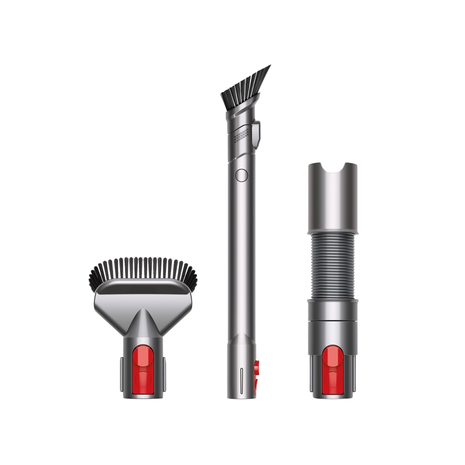 Accessoires d'aspirateur. Trois accessoires : brosse, suceur plat et un tuyau flexible.