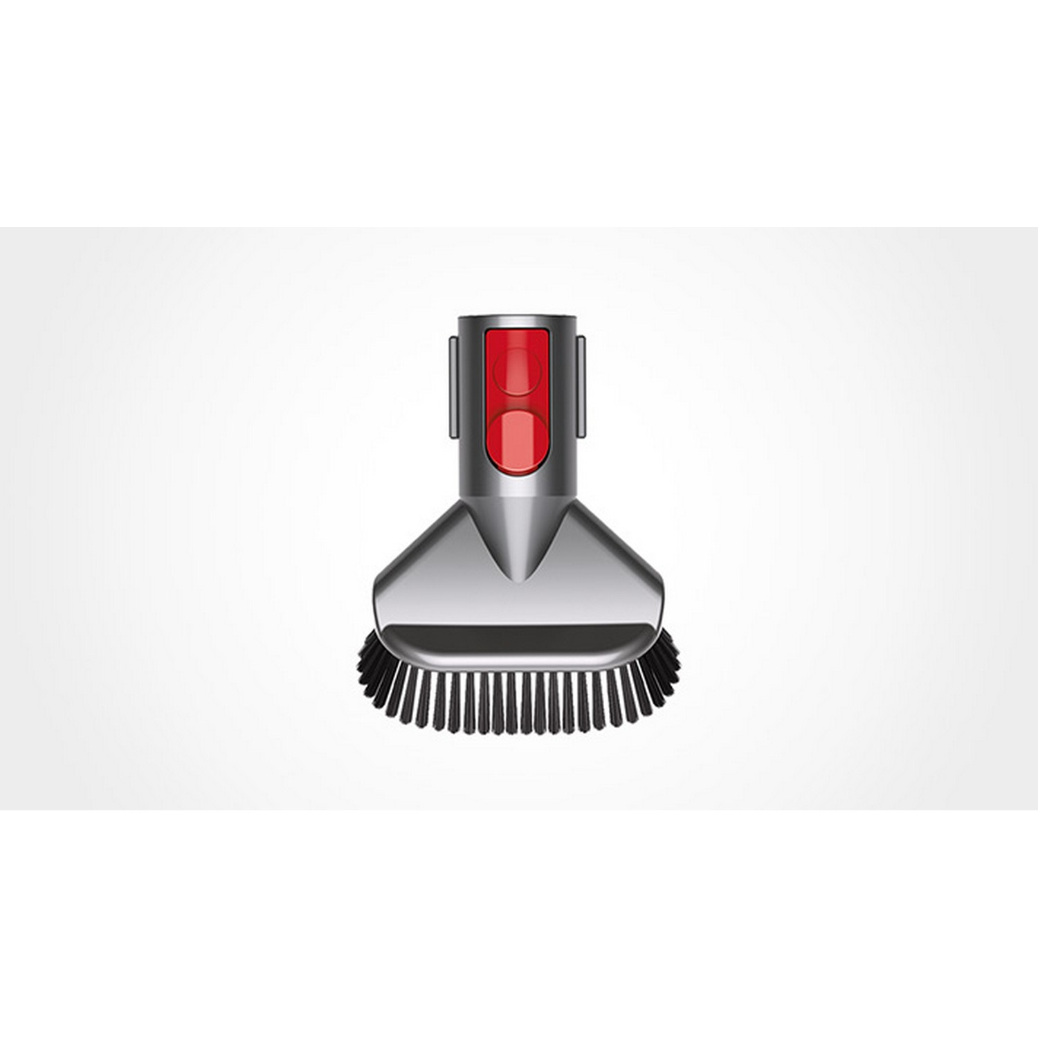 Tête de brosse d'aspirateur, bouton rouge en haut, poils noirs. Fond blanc.