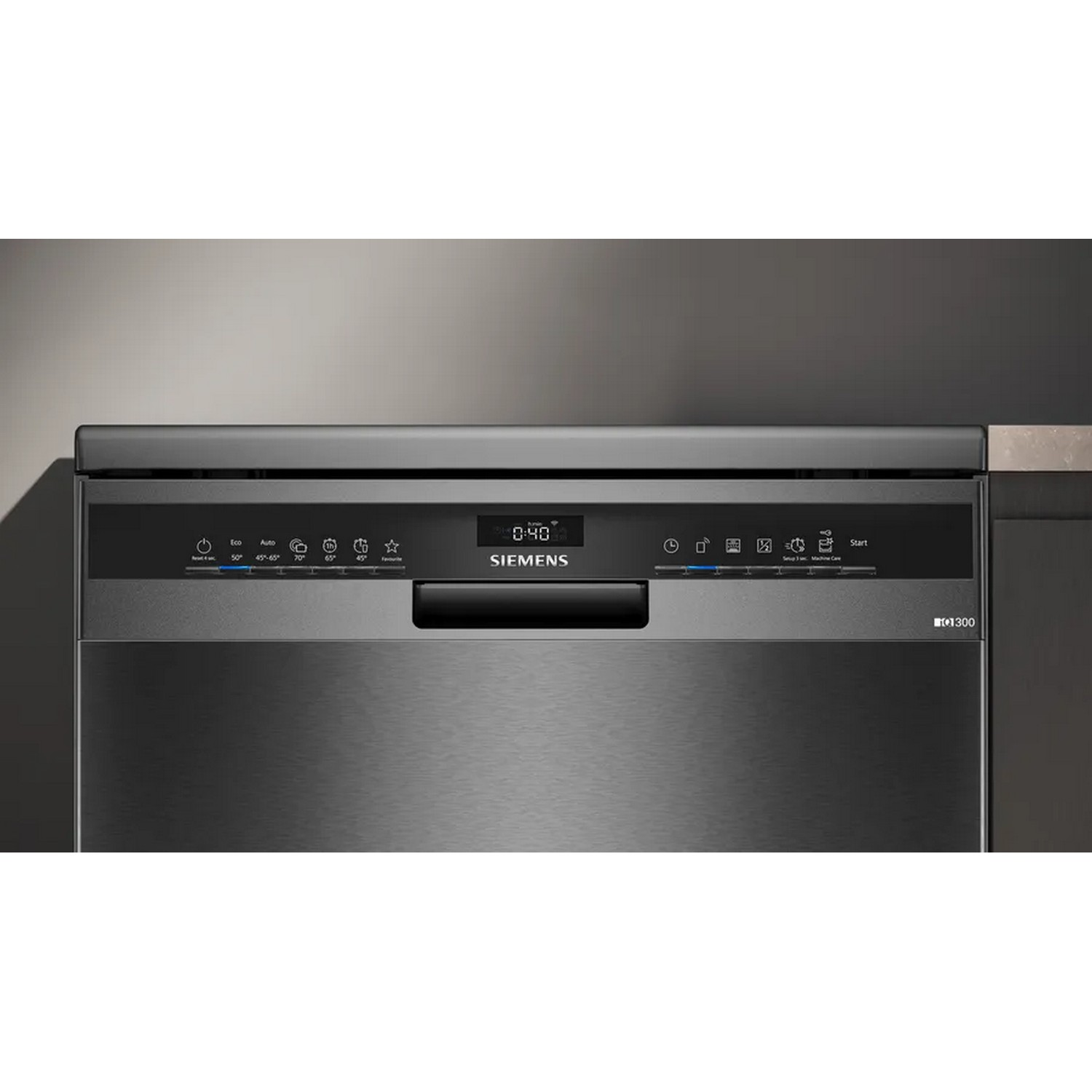 A stainless steel dishwasher with a dark gray front panel and control panel.