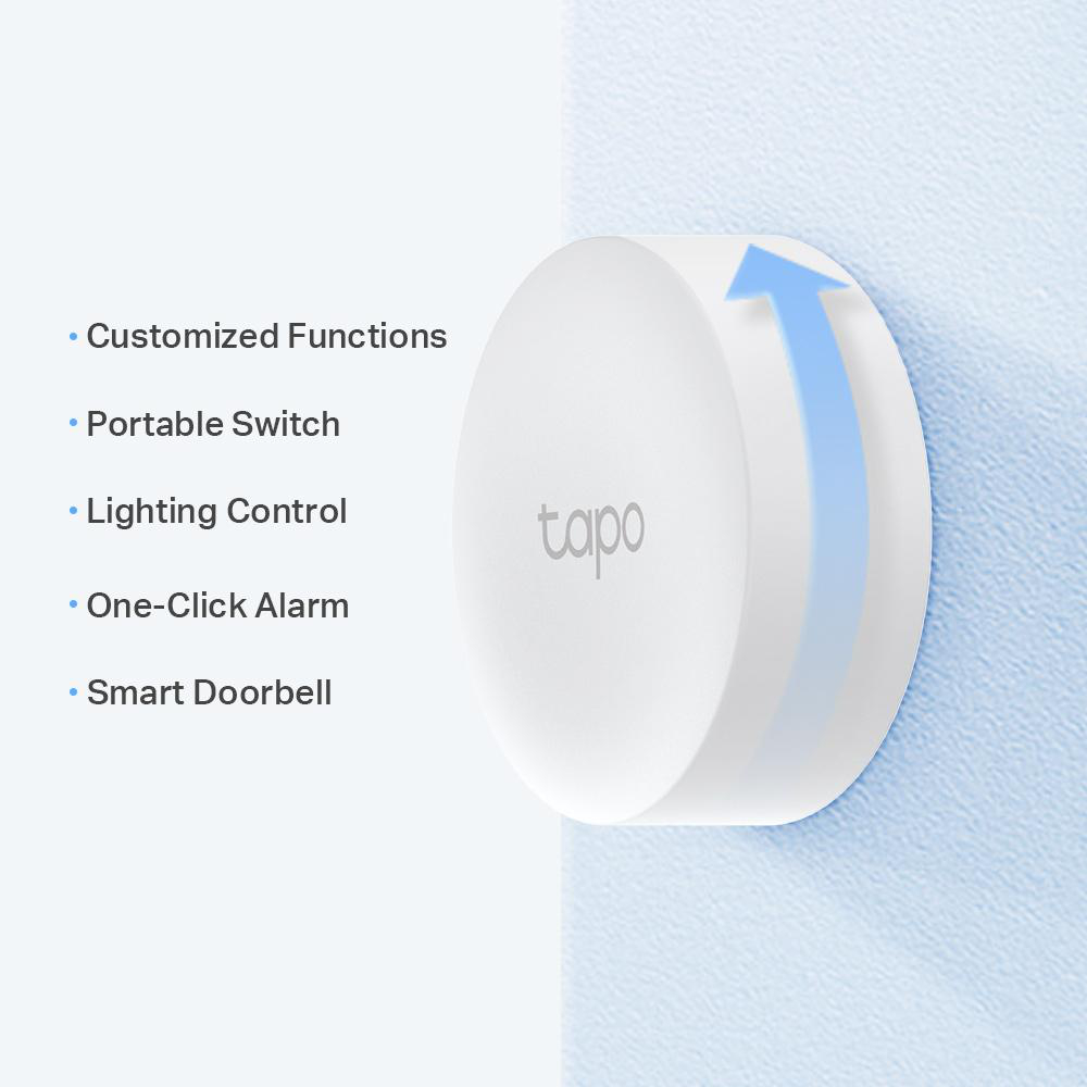 Weißer Tapo Smart Home-Knopf mit Textbeschriftungen und einem Pfeil.