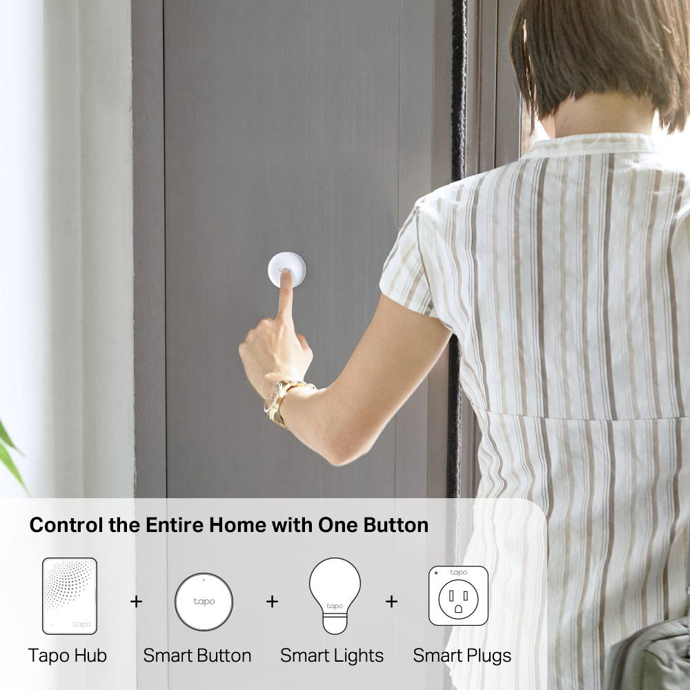 Person mit Knopf, Smart-Geräten und Text 'Control the Entire Home'.