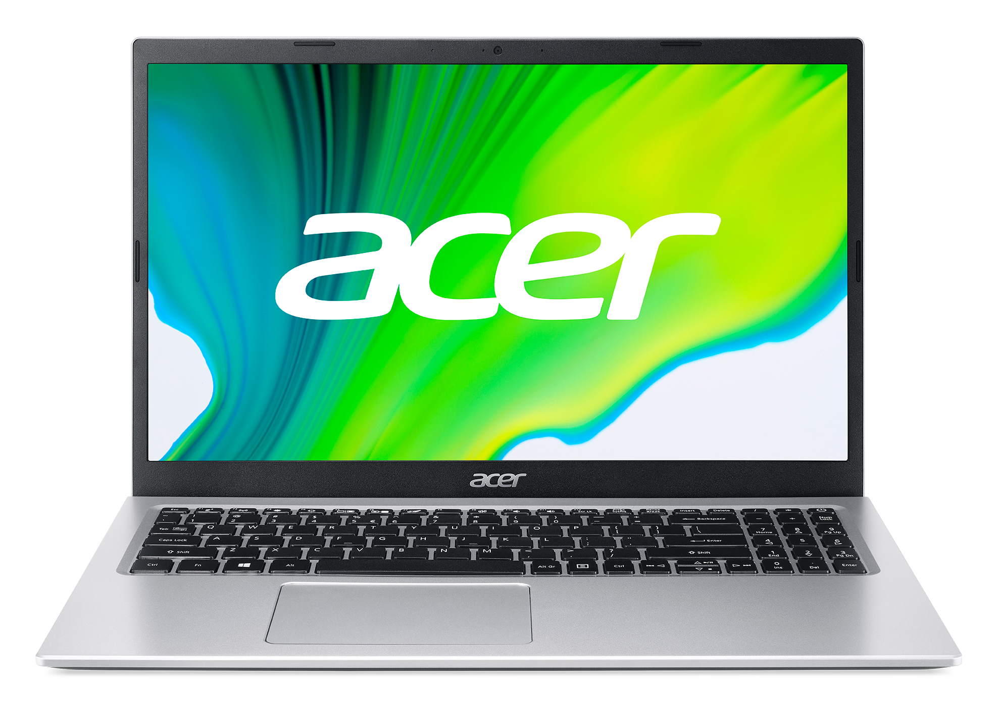 Portátil Acer plateado sobre fondo negro. La pantalla muestra el logo Acer sobre fondo verde y amarillo.