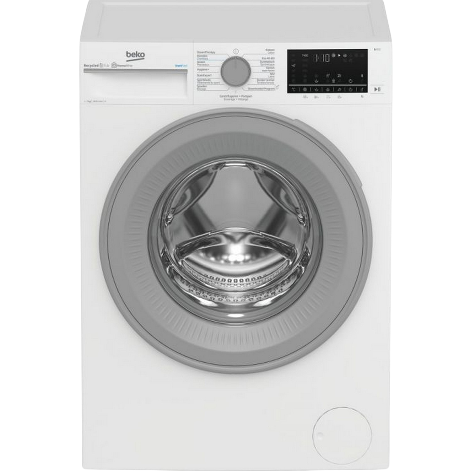 Witte Beko wasmachine, vooraanzicht. Grijze deurring, bedieningspaneel boven.