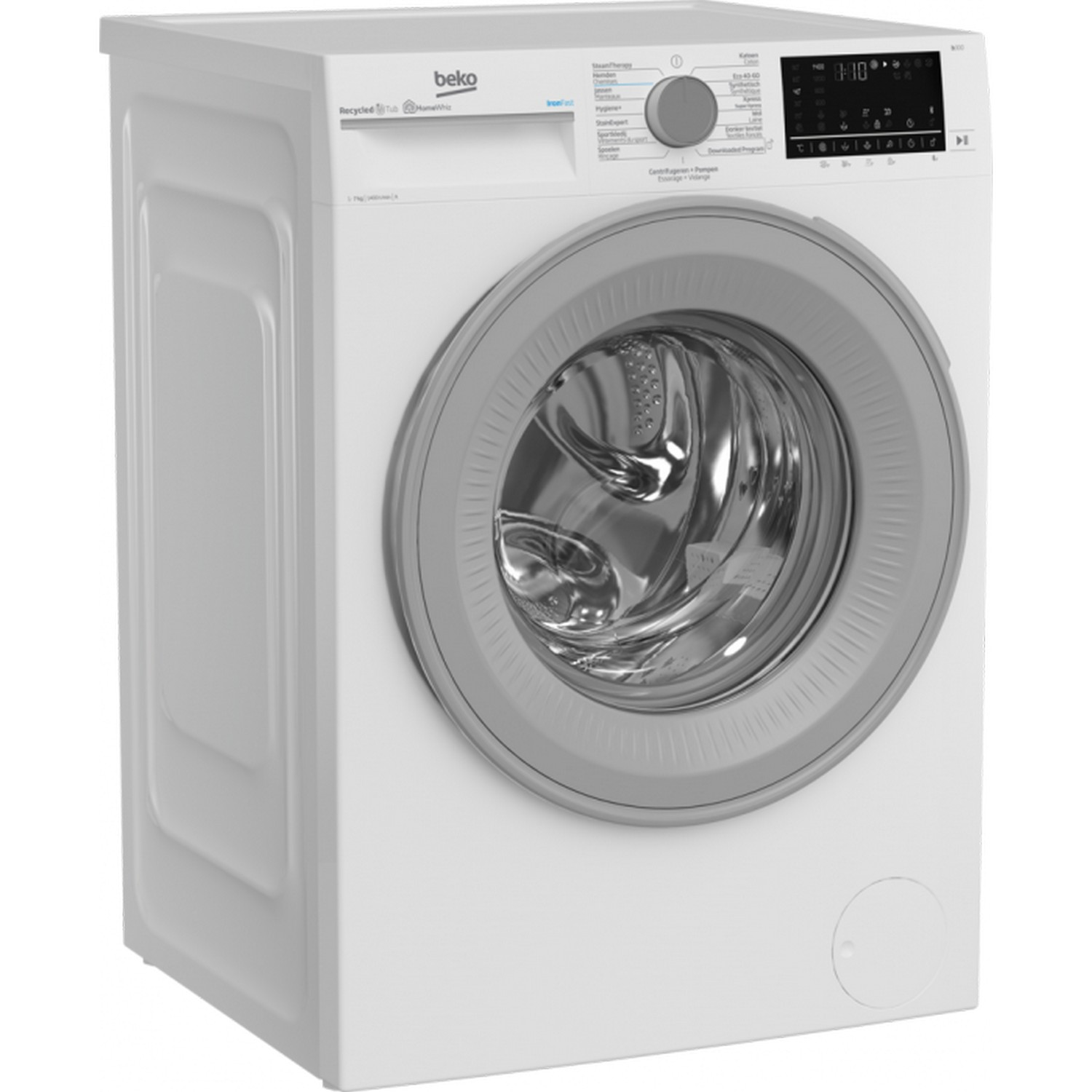 Witte Beko wasmachine, met grijze deur en bedieningspaneel, schuine weergave.