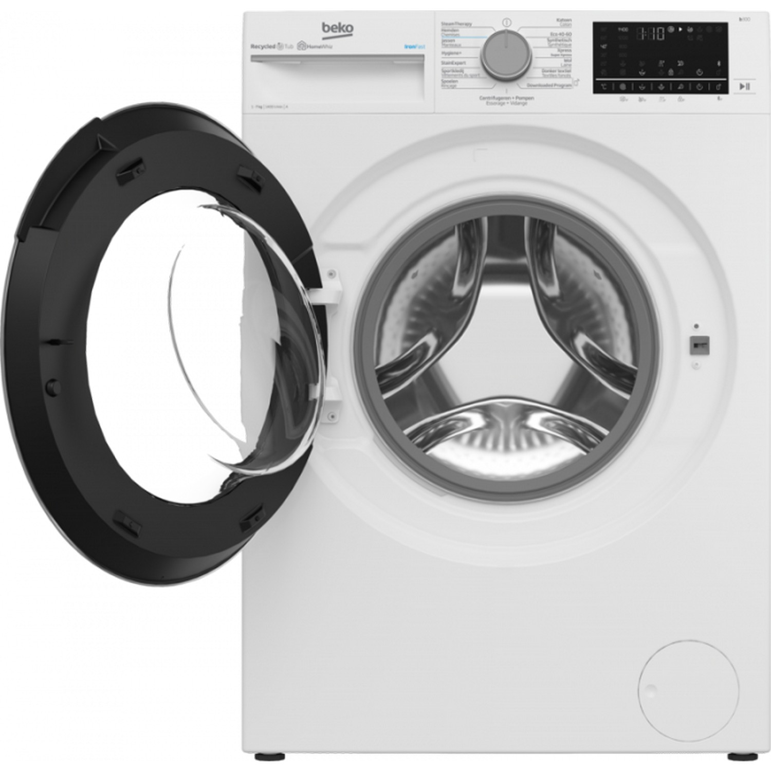 Een witte Beko wasmachine met de deur open, met de trommel zichtbaar, op een witte achtergrond.