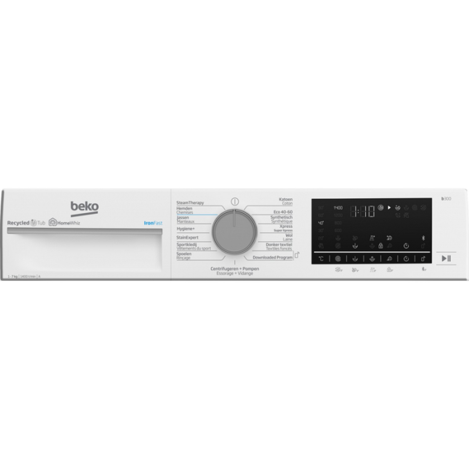 Wit Beko wasmachine bedieningspaneel met een centrale draaiknop en een digitaal display.