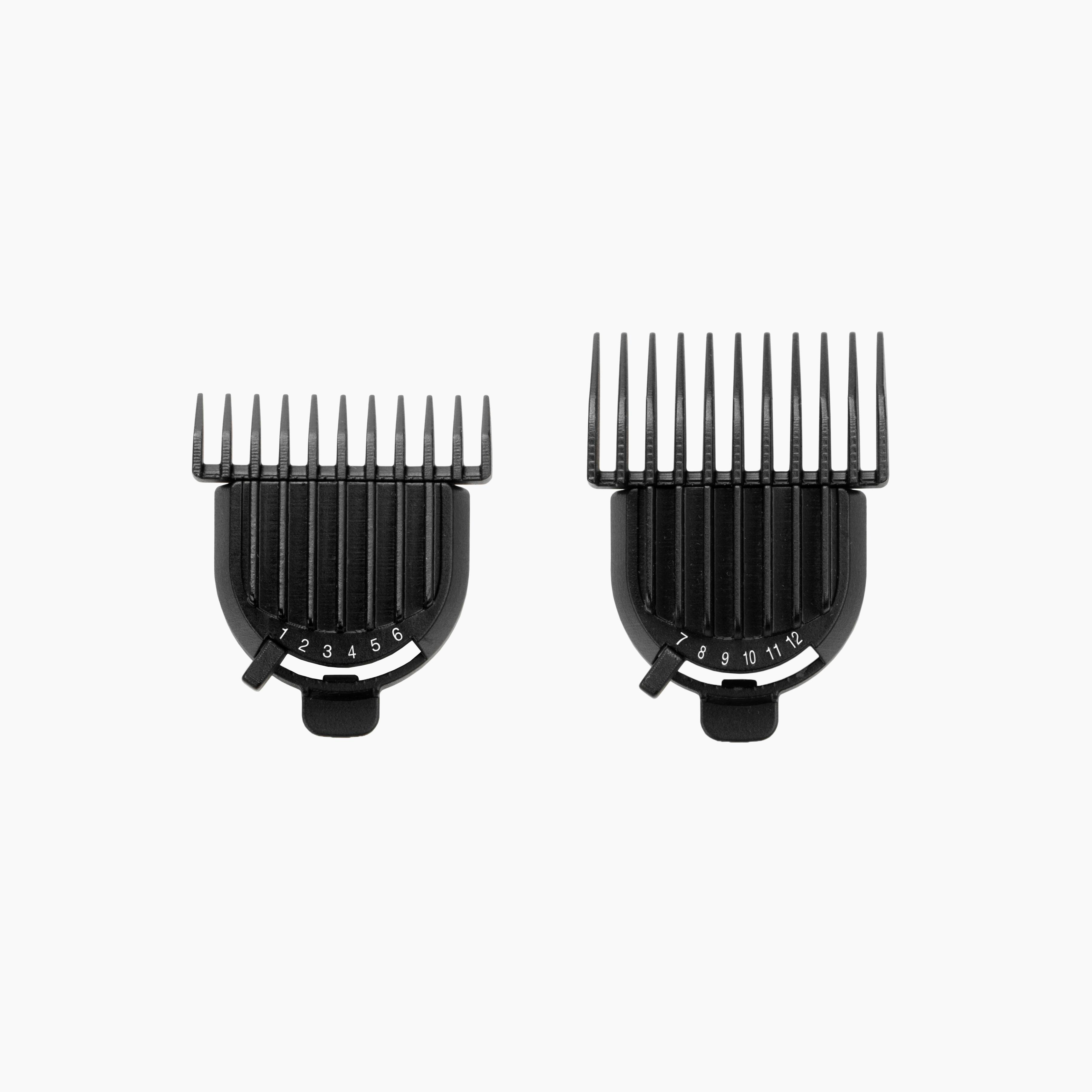 Zwei schwarze Haarschneidemaschinenaufsätze mit Zahleneinstellungen: 1-6 und 7-12.